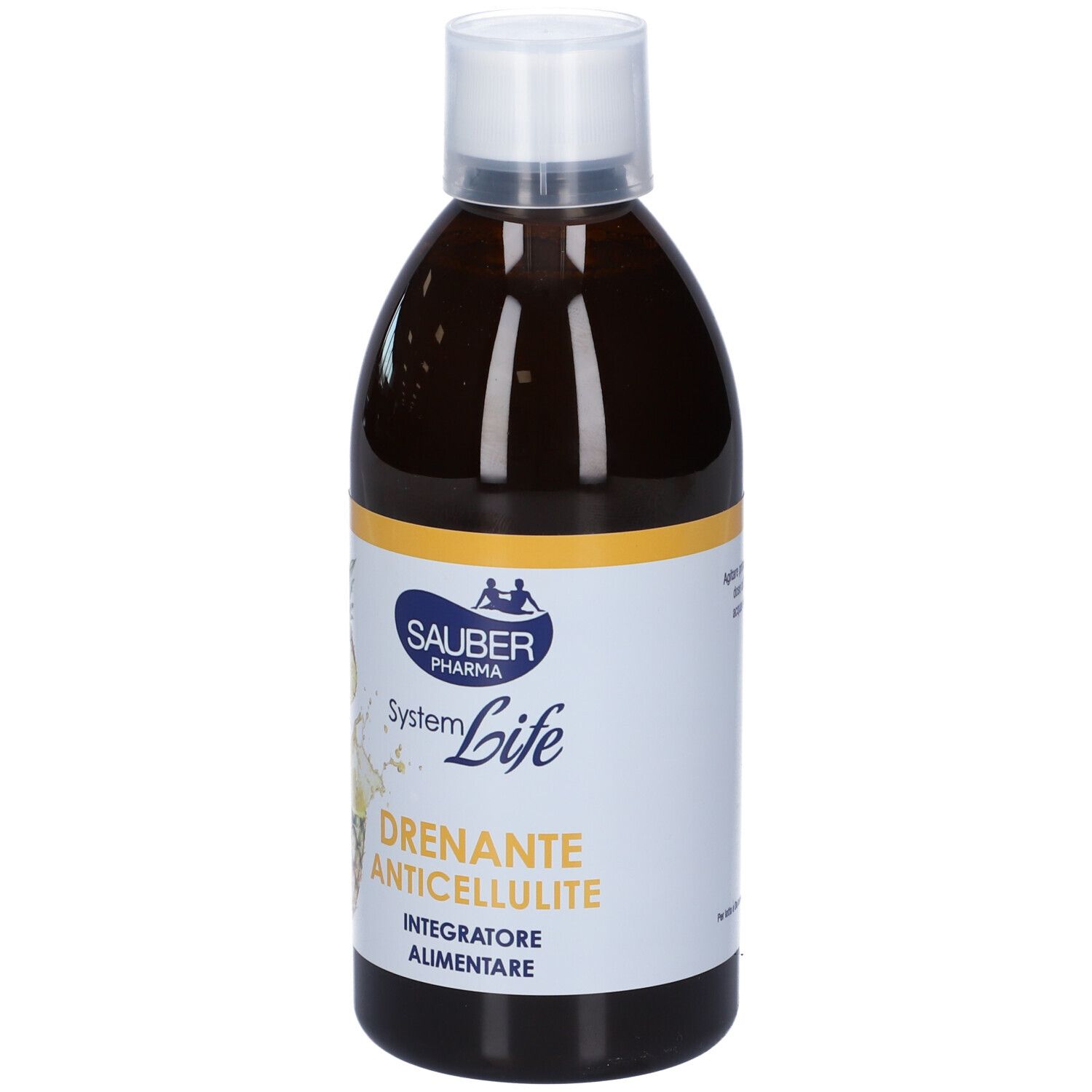 Liquido marrone in bottiglia con tappo bianco. Scritta: Drenante Anticellulite, Integratore Alimentare. Illustrazione di ananas.