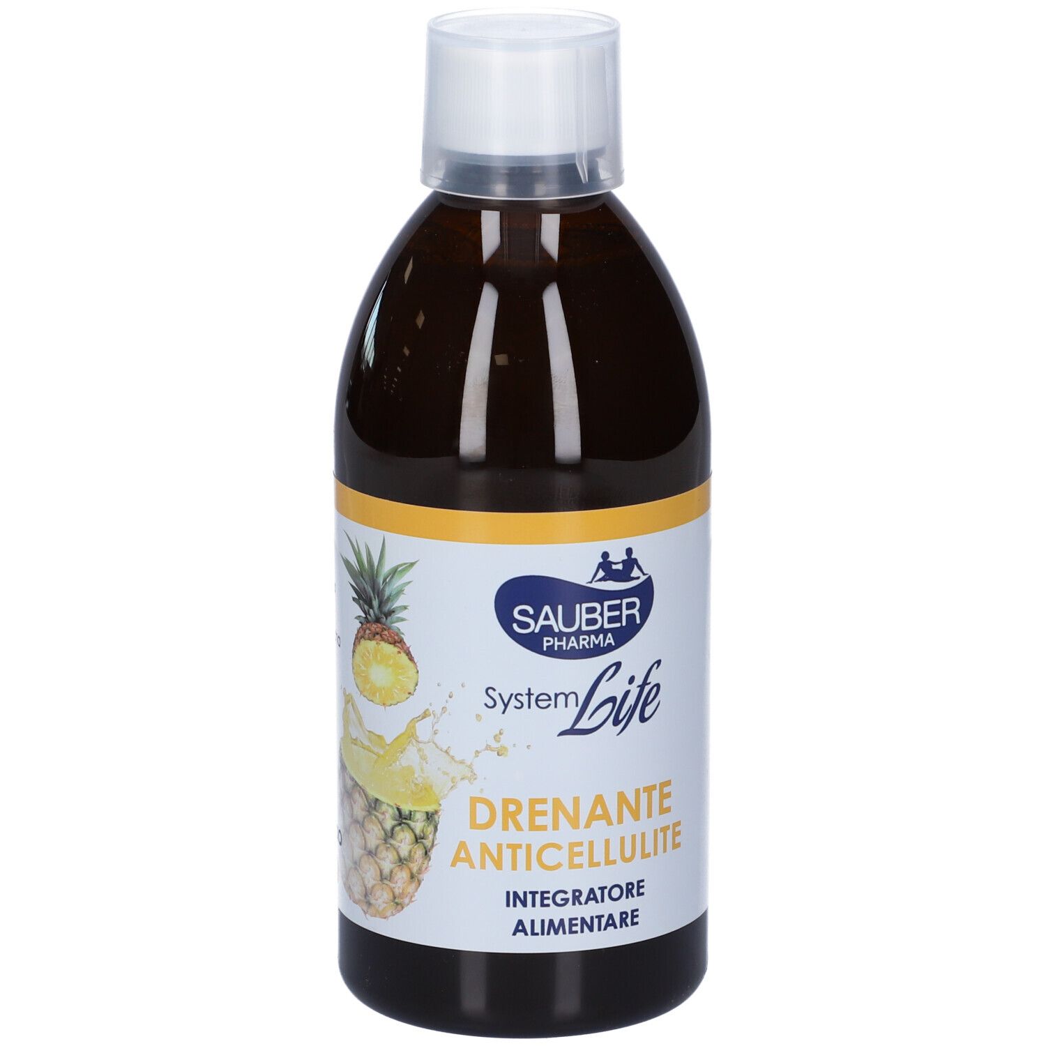 Liquido marrone in bottiglia con tappo bianco. Scritta: Drenante Anticellulite, Integratore Alimentare. Illustrazione di ananas.