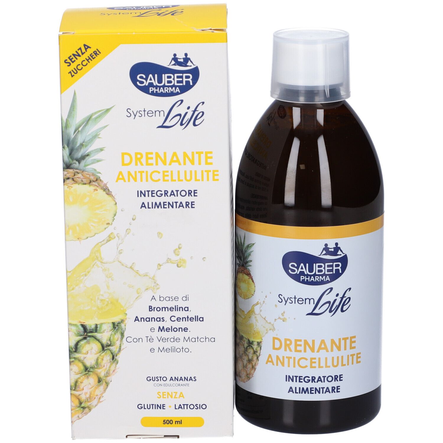 Liquido marrone in bottiglia con tappo bianco e confezione gialla. Scritta: Drenante Anticellulite, Integratore Alimentare.