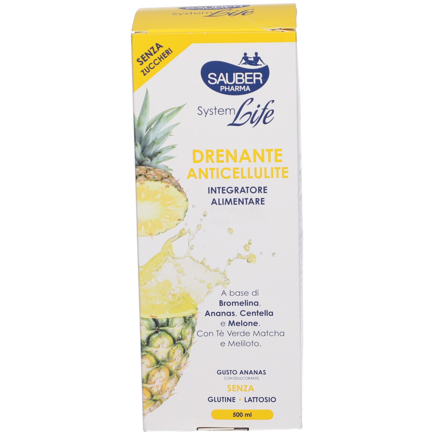 Confezione gialla con scritta: Drenante Anticellulite, Integratore Alimentare. Illustrazione di ananas.