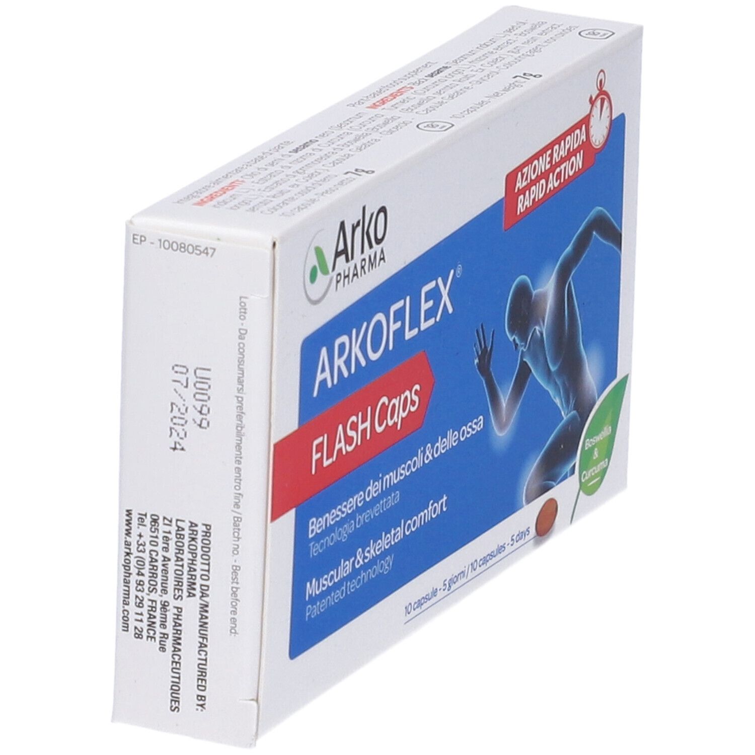 Scatola con scritte blu e rosse. Contiene capsule. Scritta: Arkoflex Flash Caps. Con logo e testo in italiano.