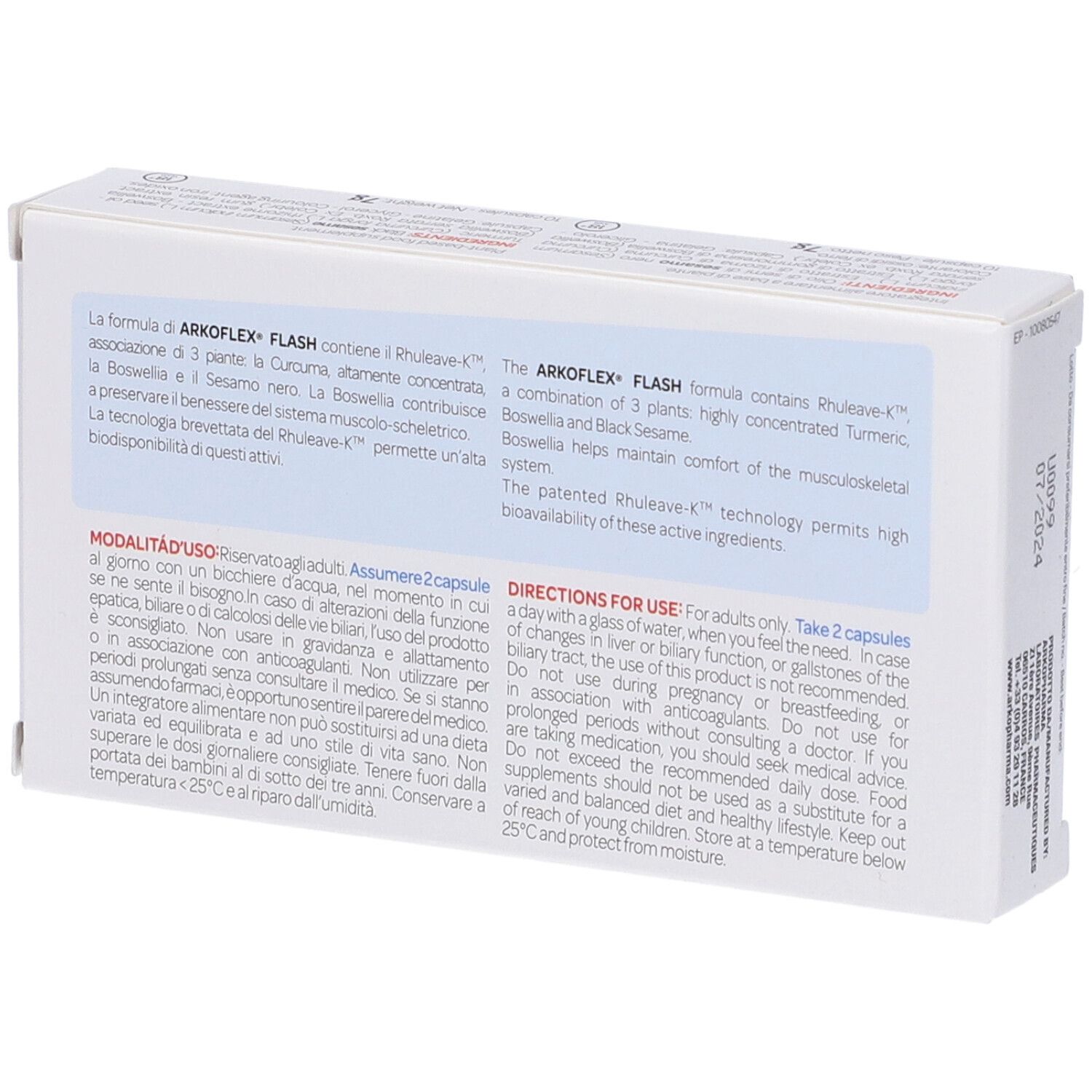 Scatola bianca con testo in italiano e inglese. Contiene informazioni sugli ingredienti e l'uso. Con logo.