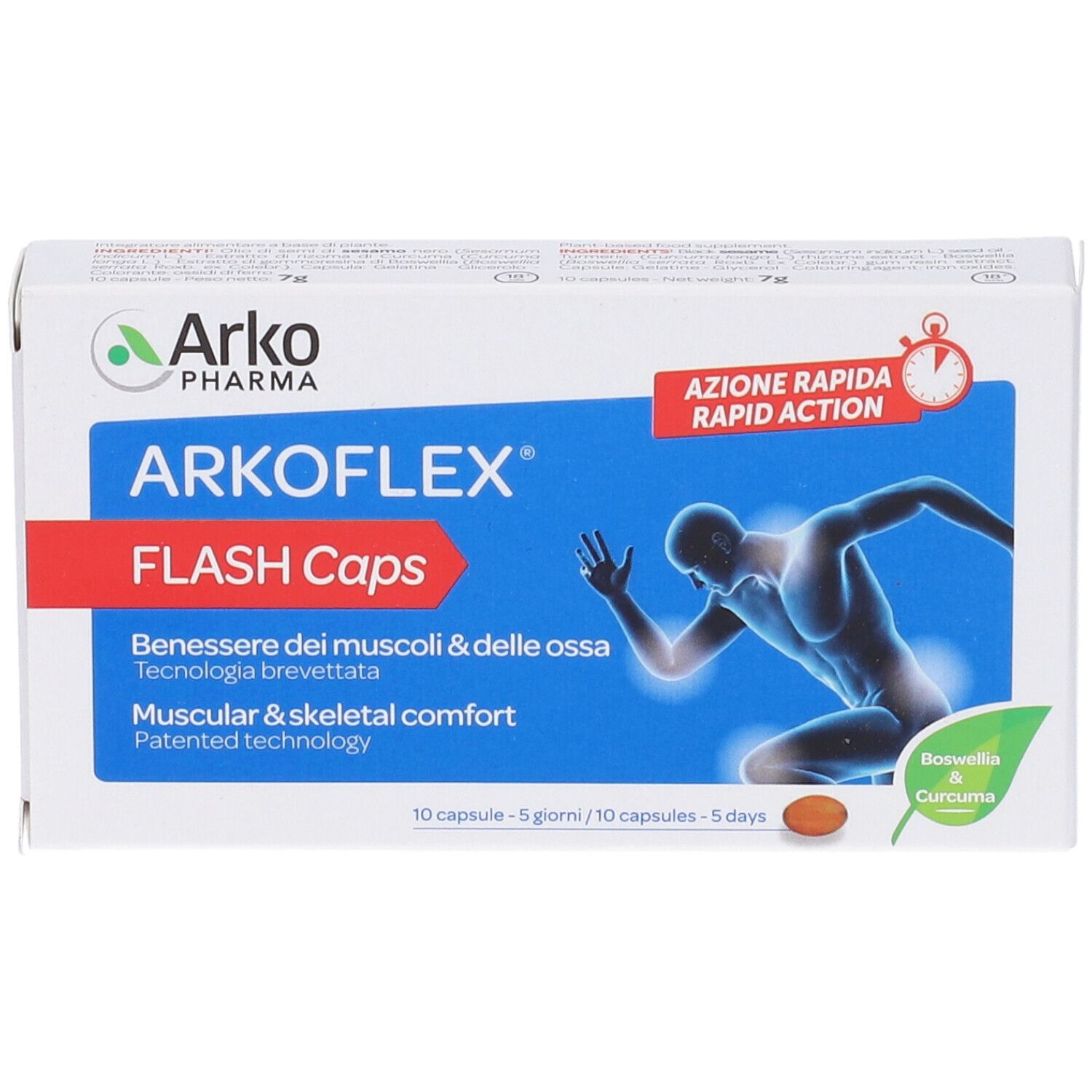 Scatola bianca con scritte blu e rosse. Contiene capsule. Scritta: Arkoflex Flash Caps. Con logo e testo in italiano.