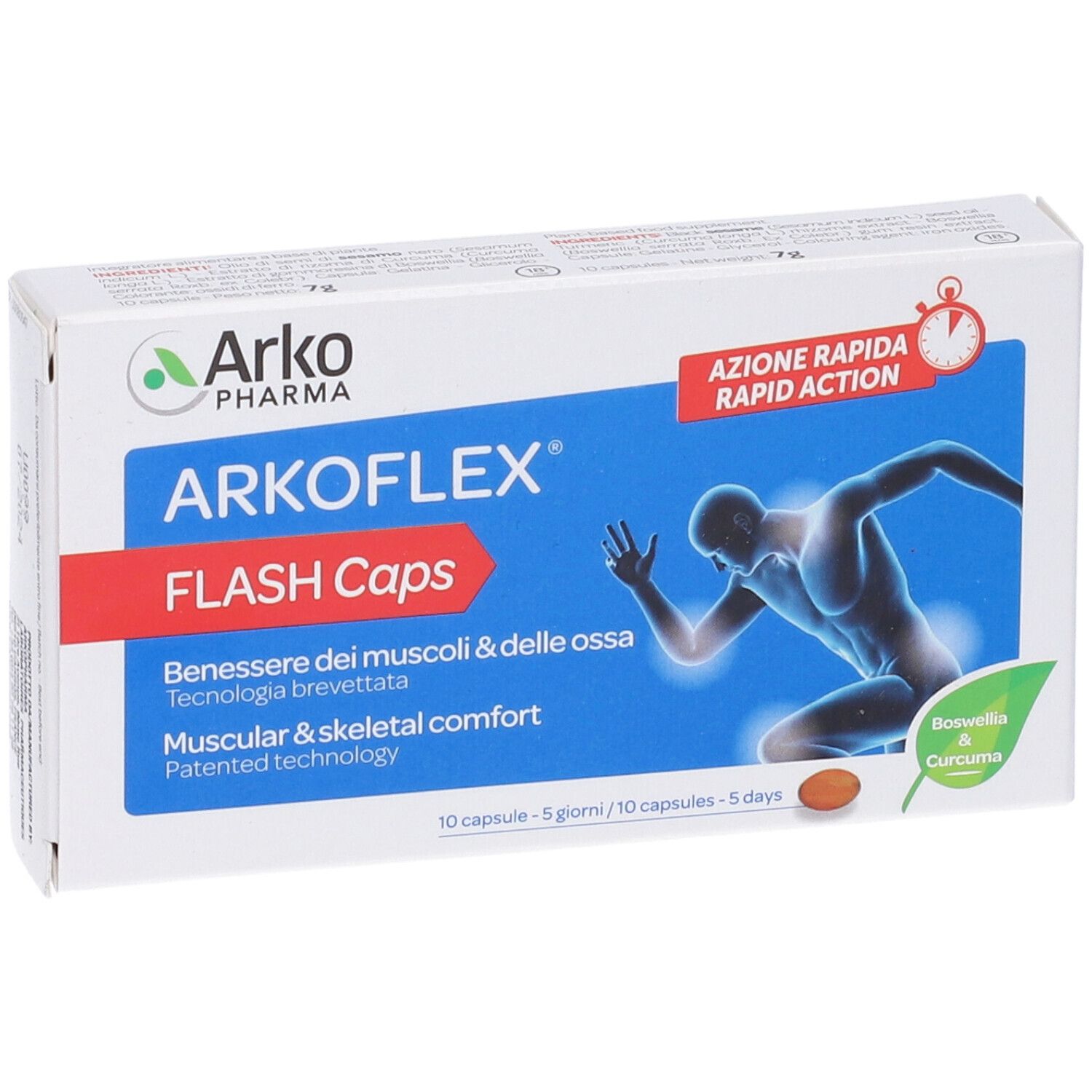 Scatola bianca con scritte blu e rosse. Contiene capsule. Scritta: Arkoflex Flash Caps. Con logo e testo in italiano.