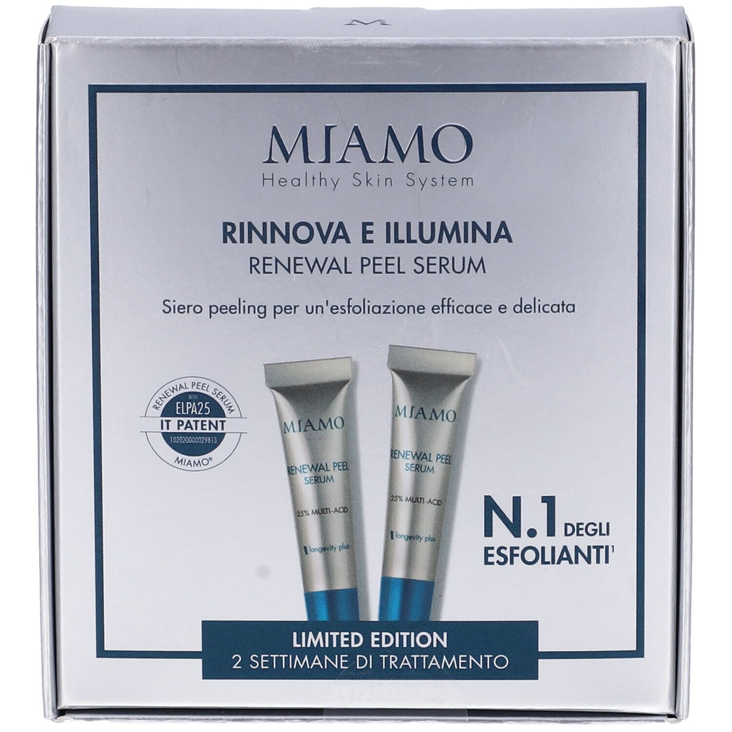 Scatola con due tubi. Scritta: MIAMO, Renewal Peel Serum. Edizione limitata. N.1 degli Esfolianti.