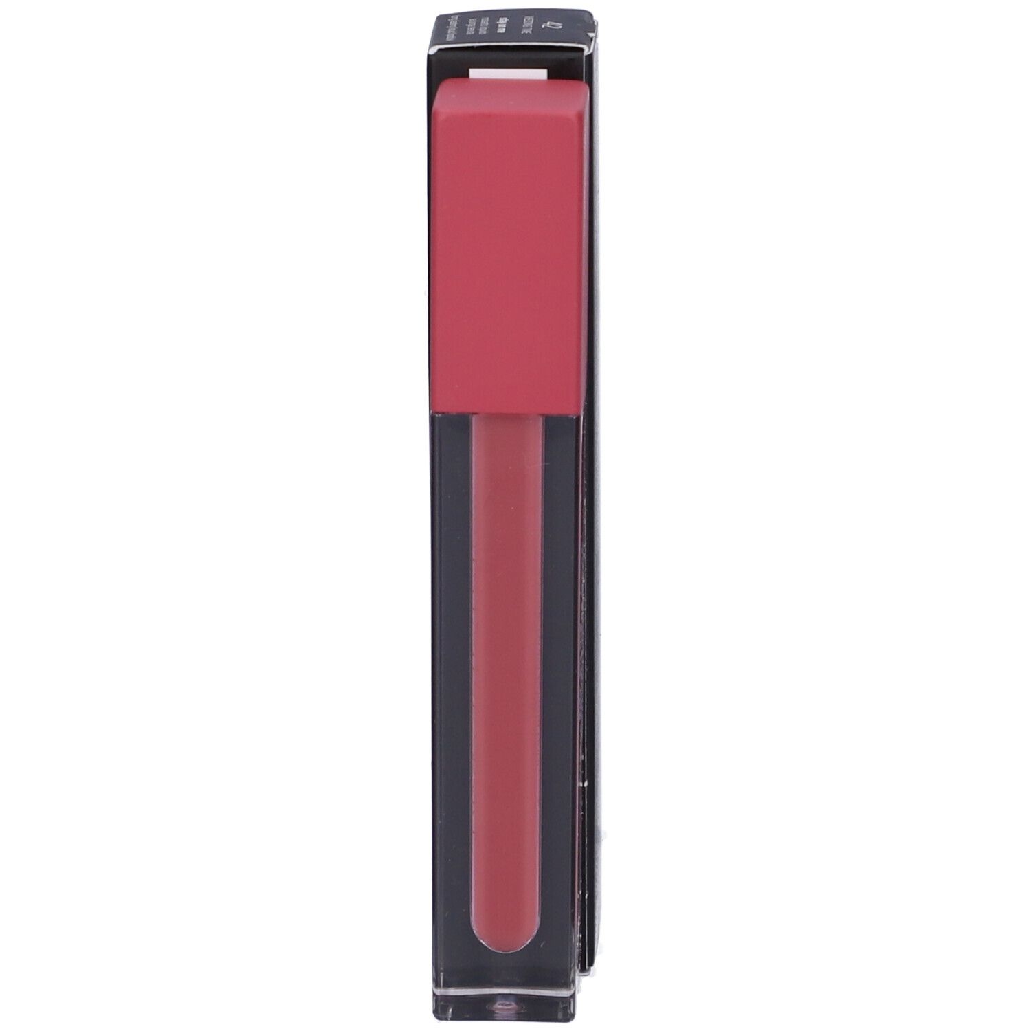 Rossetto liquido e confezione. Prodotto in un astuccio trasparente. Marchio e nome del prodotto visibili.