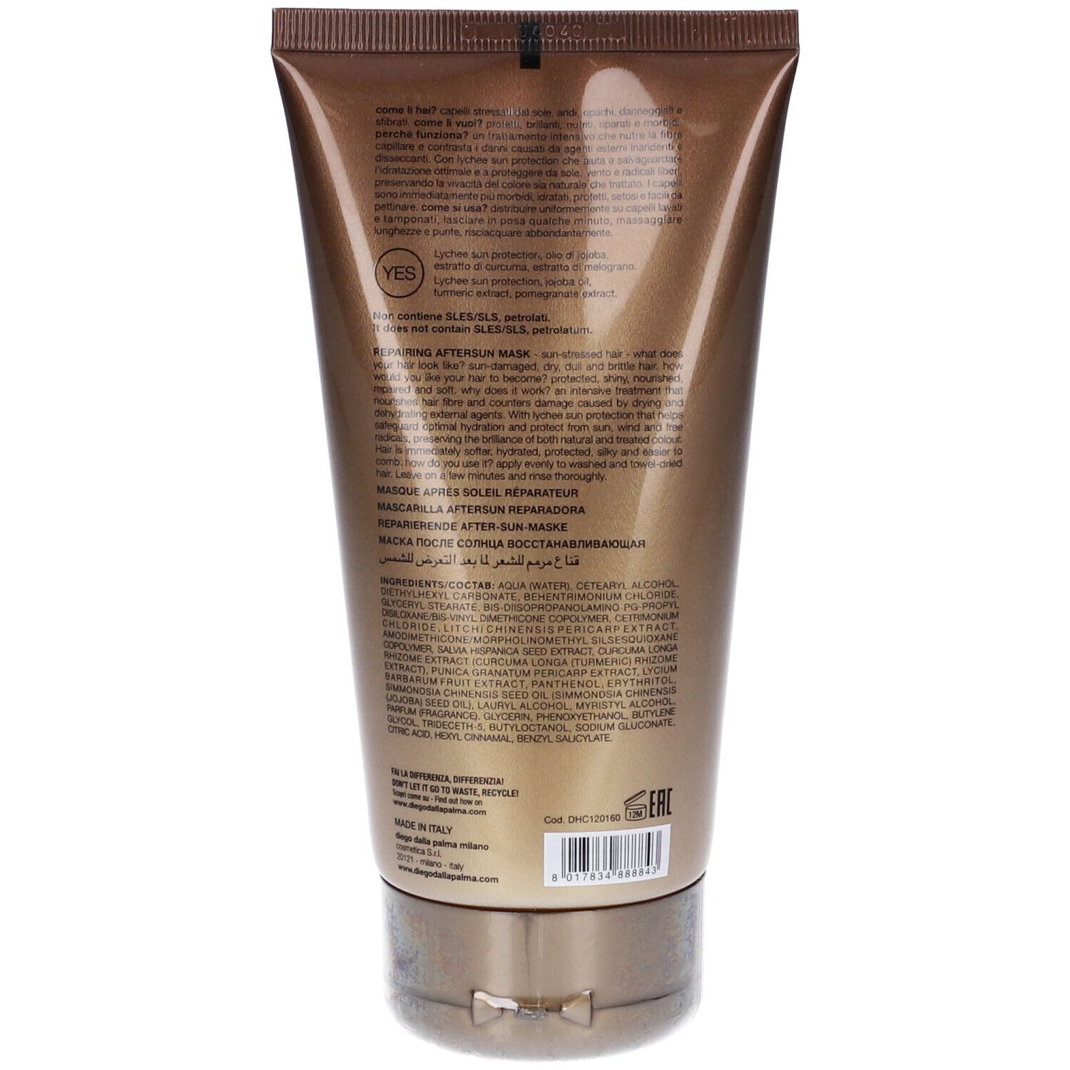 Retro di un tubo marrone. Testo in più lingue. Ingredienti e informazioni sul prodotto.