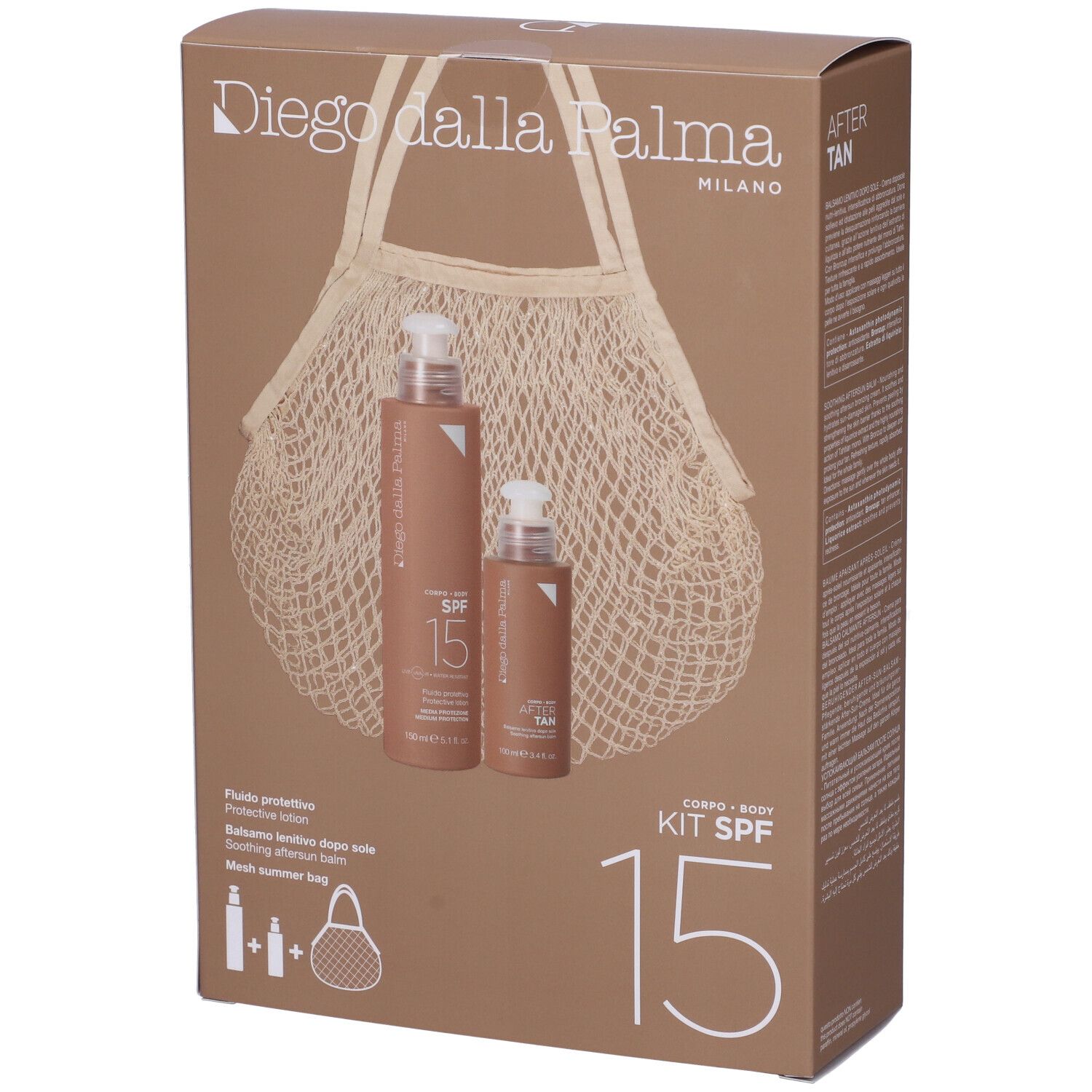 Confezione Kit Corpo SPF15. Contiene due flaconi, borsa. Stampa: nome prodotto, SPF15. Sfondo: borsa.
