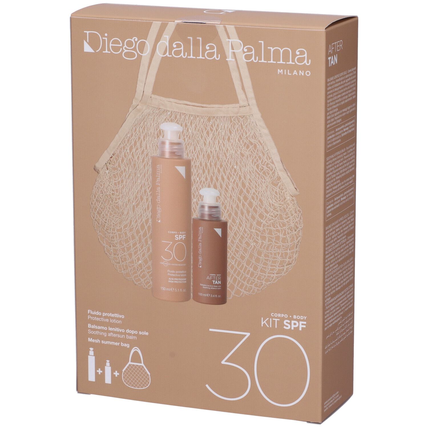 Confezione del kit Diego Dalla Palma Corpo SPF30. Contiene due flaconi, una borsa e SPF 30. Nome del prodotto e logo visibili.