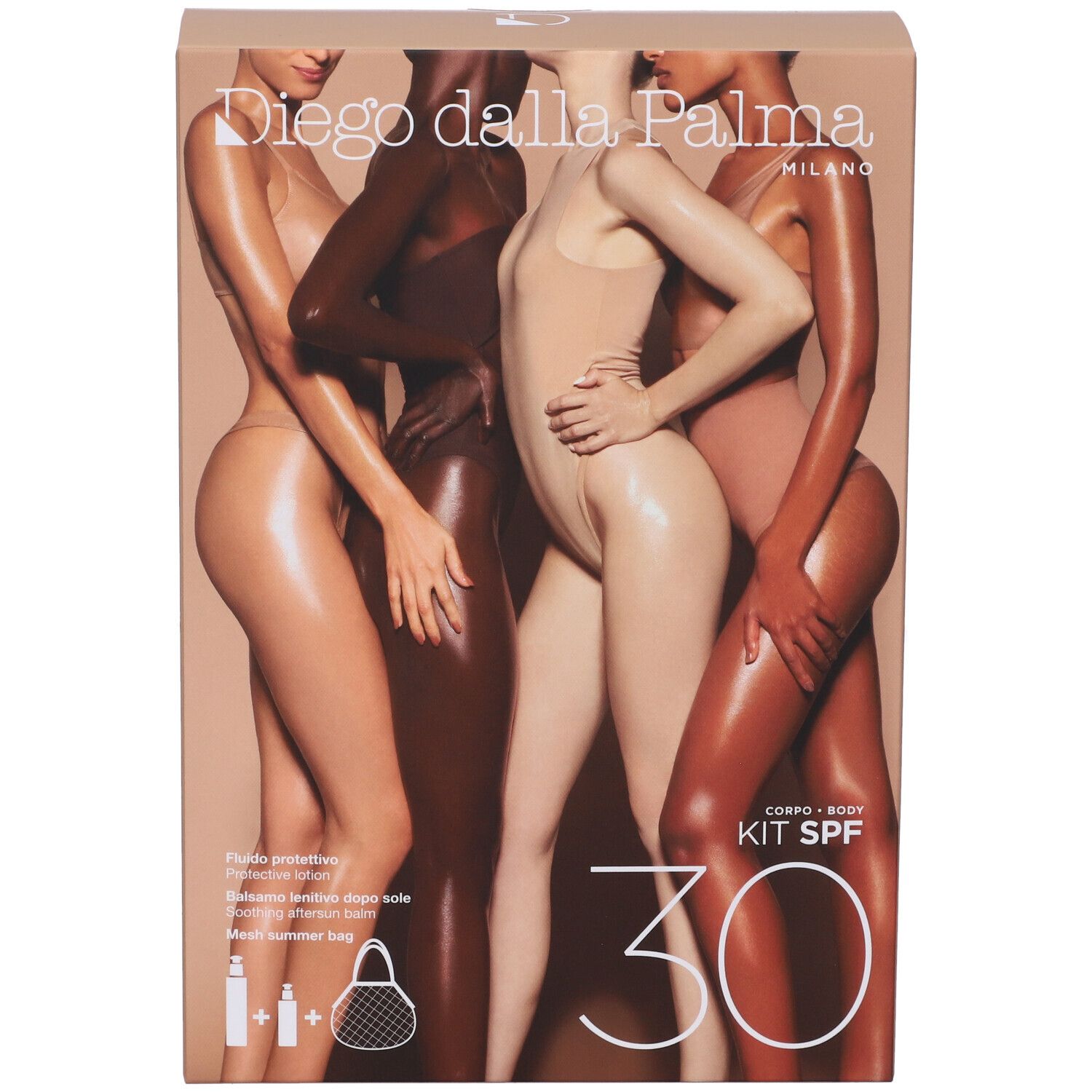 Vista frontale della confezione del kit Diego Dalla Palma Corpo SPF30. Modelli, nome del prodotto, SPF 30 e prodotti inclusi.