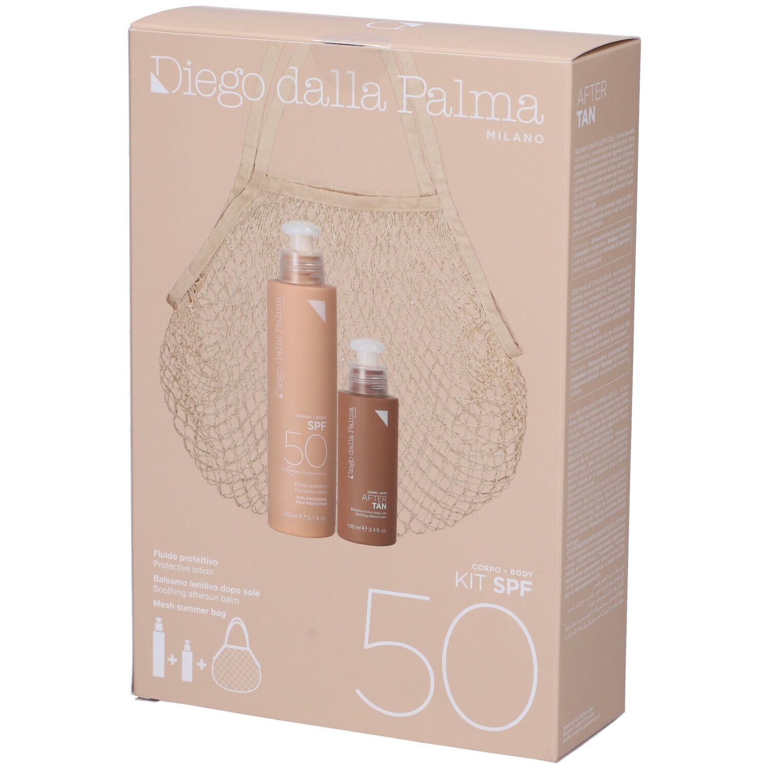 Kit Corpo SPF50. Scatola con prodotti e borsa da spiaggia. Contiene protezione solare e lozione doposole. Marchio Diego Dalla Palma.