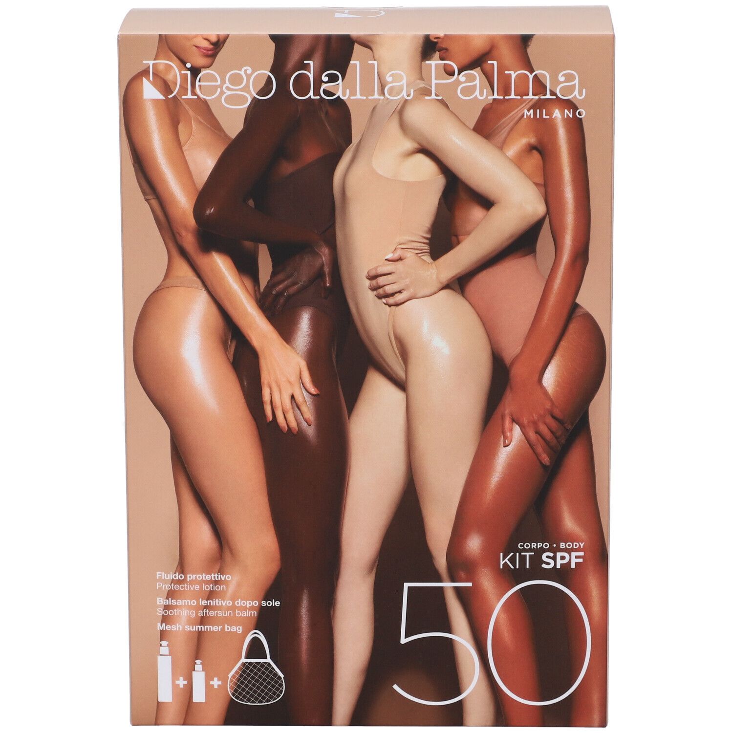 Kit Corpo SPF50. Scatola con donne illustrate. Contiene protezione solare, lozione doposole e borsa da spiaggia. Marchio Diego Dalla Palma.