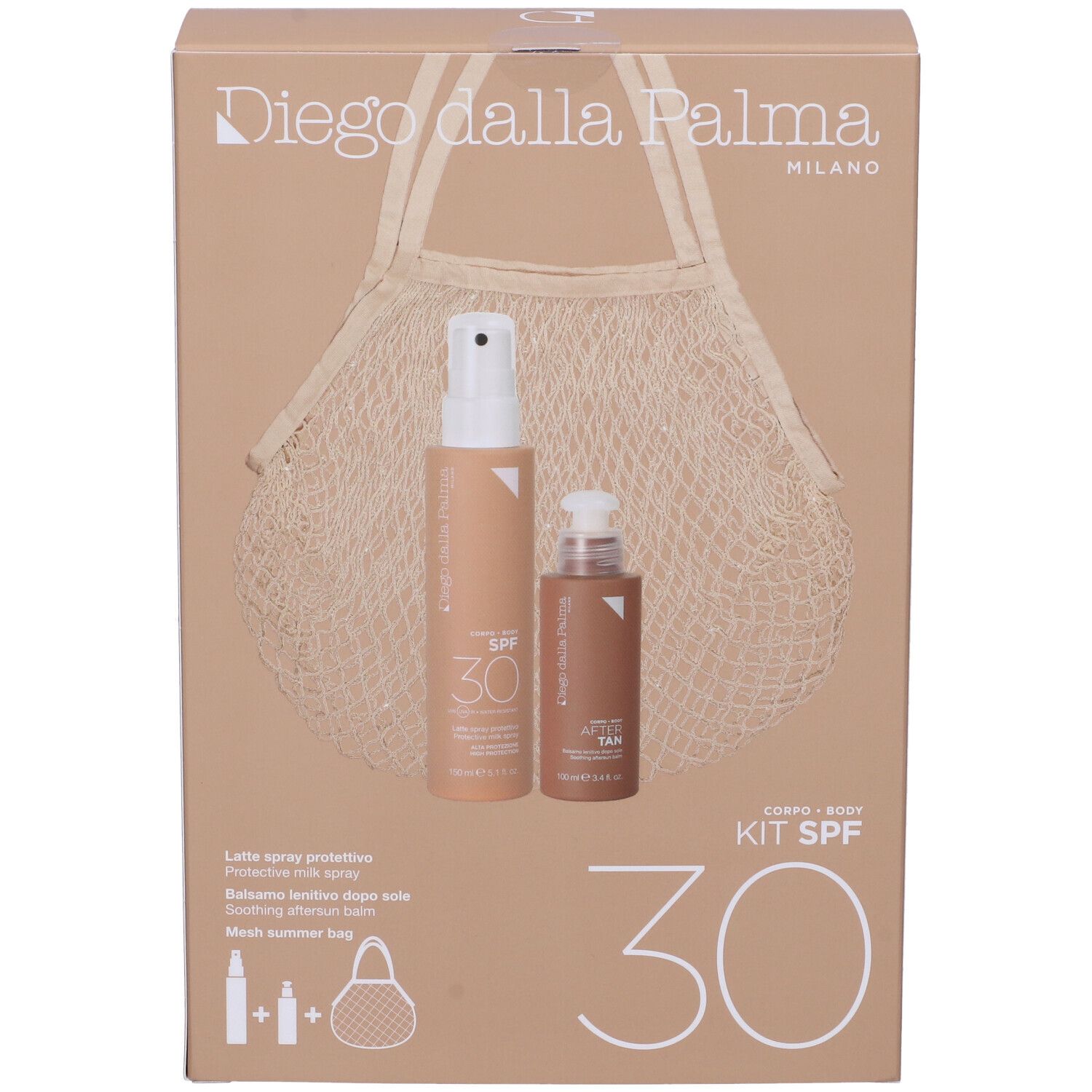 Confezione solare con borsa. Contiene spray, crema e borsa a rete. Marchio: Diego dalla Palma.