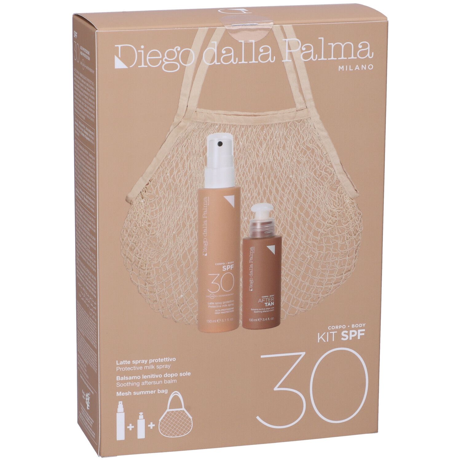 Confezione solare con borsa. Contiene spray, crema e borsa a rete. Marchio: Diego dalla Palma.