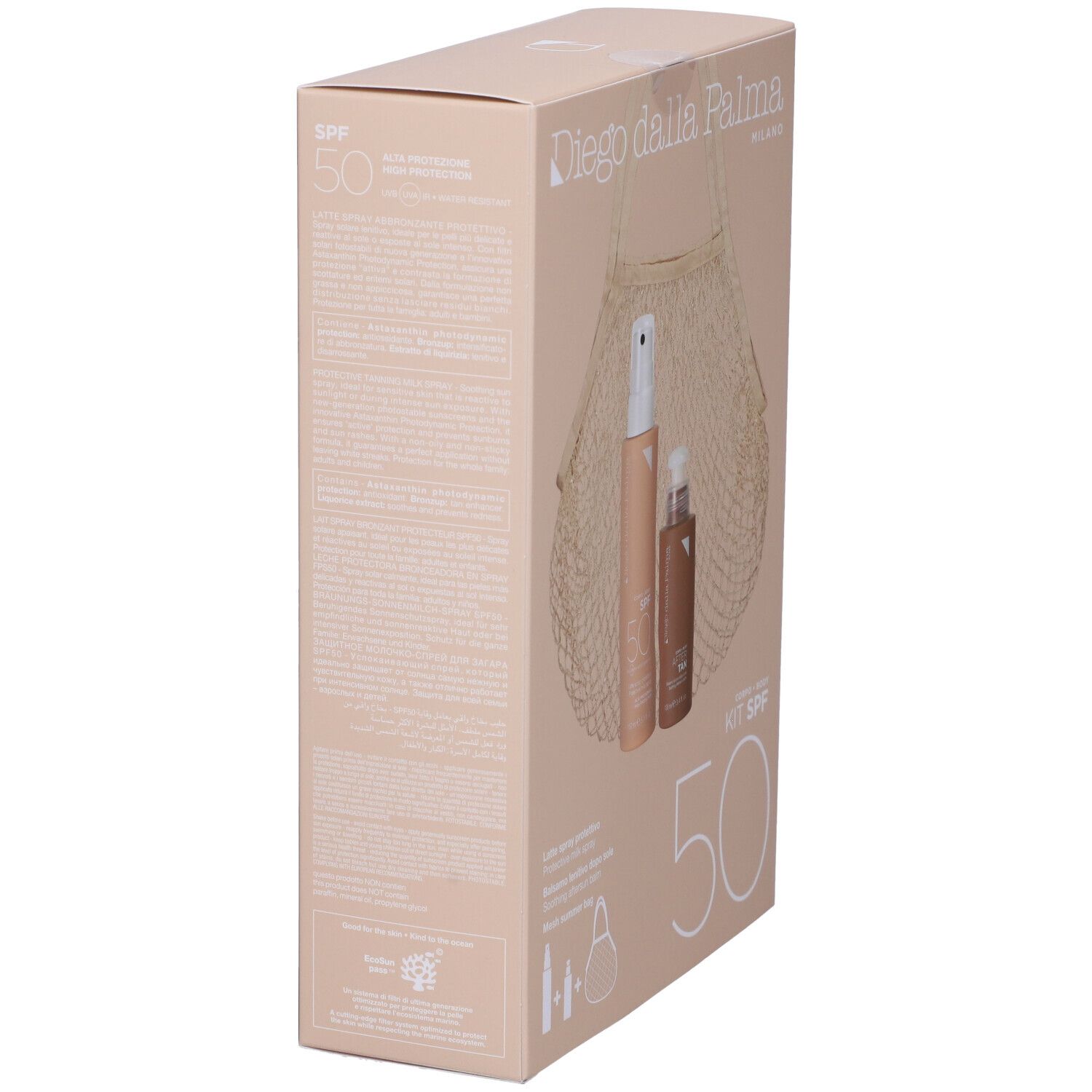 Confezione Diego Dalla Palma Kit Spray SPF50. Contiene spray e una borsa. Scritta: KIT SPF 50.