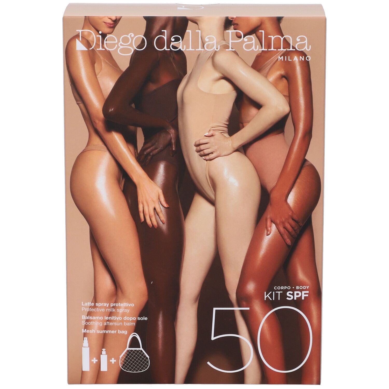 Confezione Diego Dalla Palma Kit Spray SPF50. Modelli raffigurati. Scritta: KIT SPF 50.