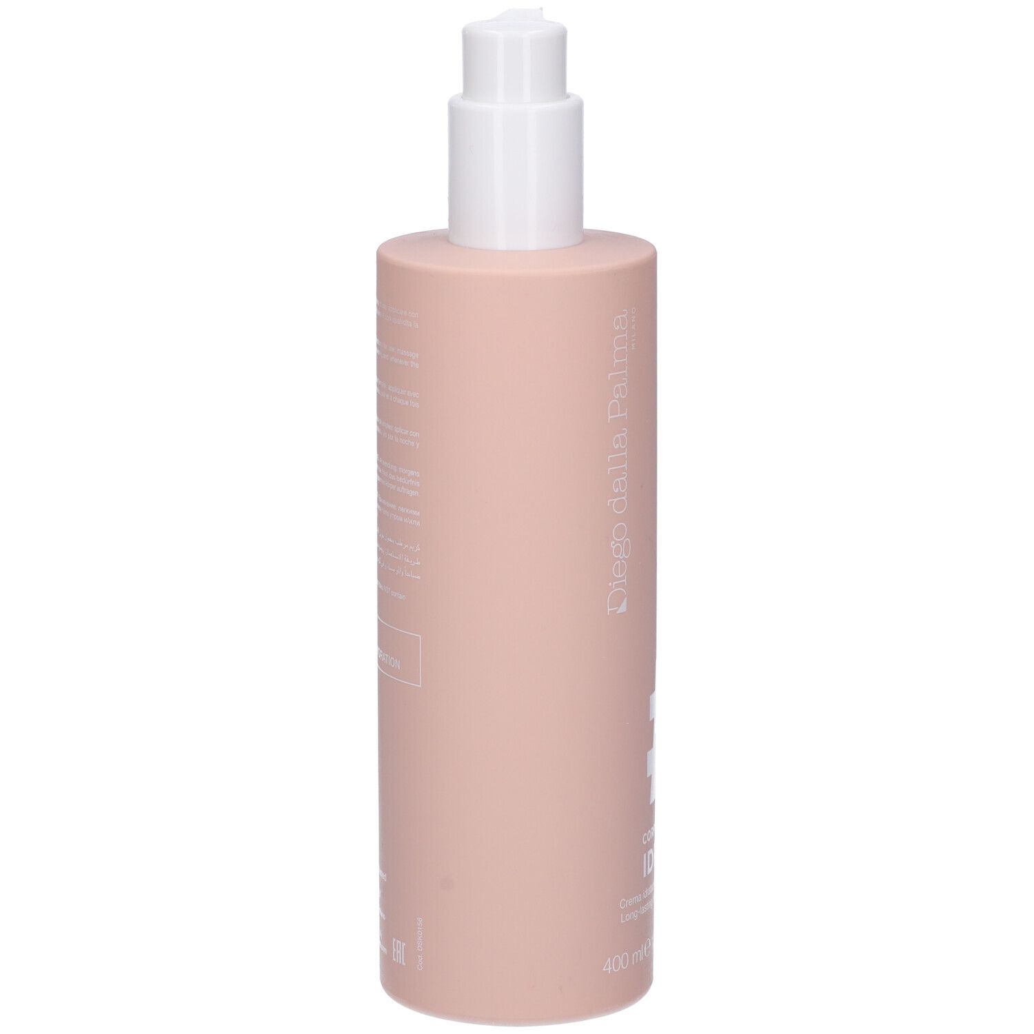 Flacone di lozione corpo rosa con erogatore bianco. Testo sul retro. Diego Dalla Palma.