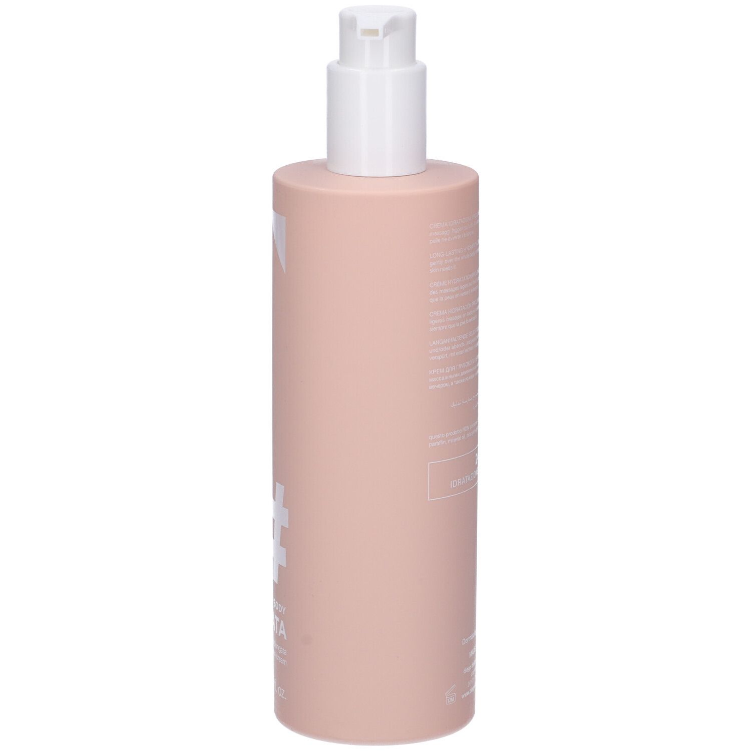 Flacone di lozione corpo rosa con erogatore bianco. Scritta: #IDRATA, Diego Dalla Palma.