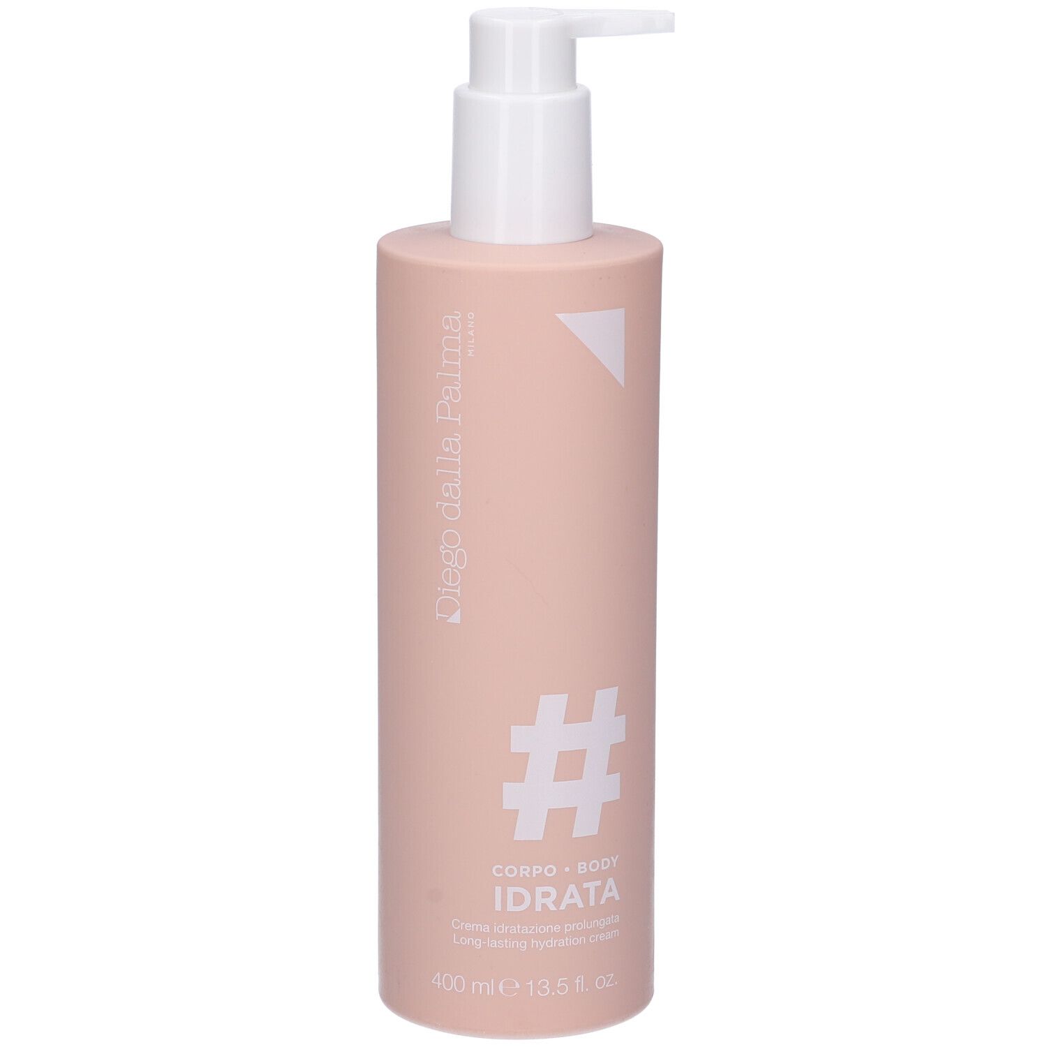 Flacone di lozione corpo rosa con erogatore bianco. Scritta: #IDRATA, Diego Dalla Palma. 400 ml.