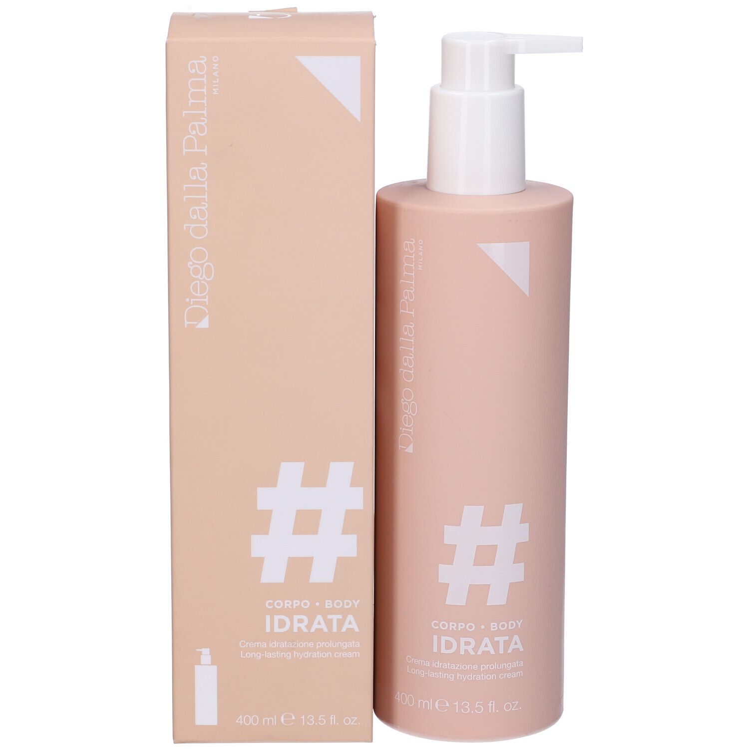 Flacone di lozione corpo rosa con erogatore bianco e scatola. Scritta: #IDRATA, Diego Dalla Palma. 400 ml.