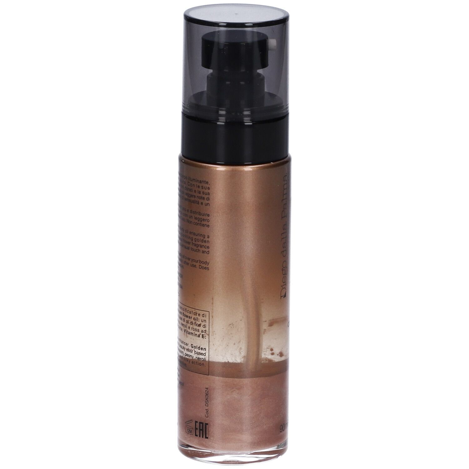 Retro del flacone olio abbronzante. Marca: Diego dalla Palma. Testo e ingredienti. Olio rose gold visibile.