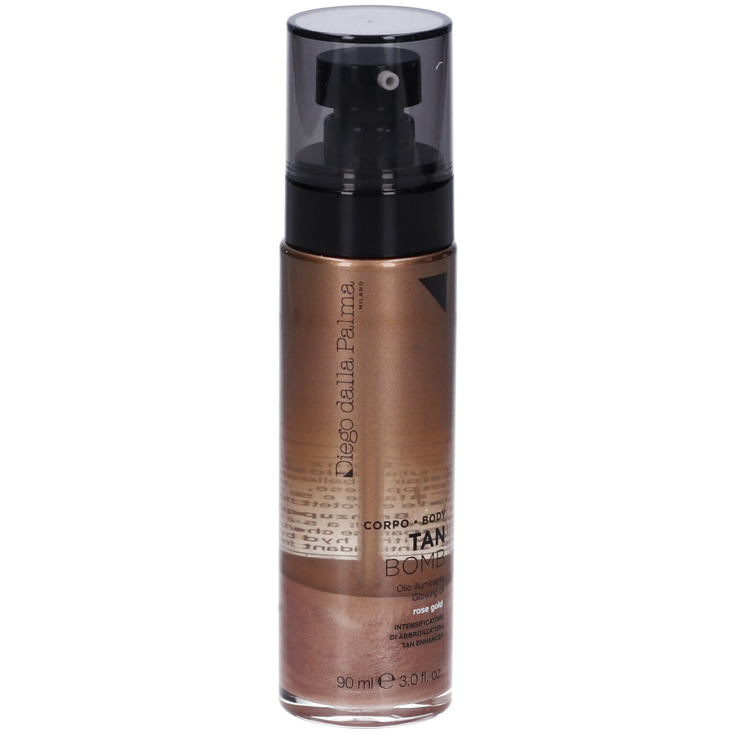 Flacone olio abbronzante Diego dalla Palma. Olio rose gold con erogatore spray. Testo: Tan Bomb, Olio Illuminante.