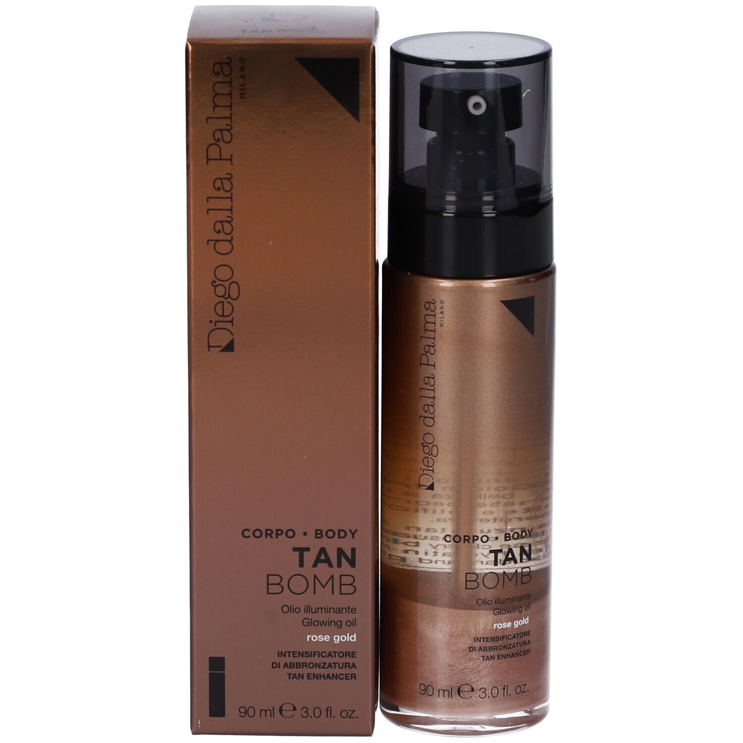 Olio abbronzante e confezione. Marca: Diego dalla Palma. Testo: Tan Bomb, Olio Illuminante. Olio rose gold.