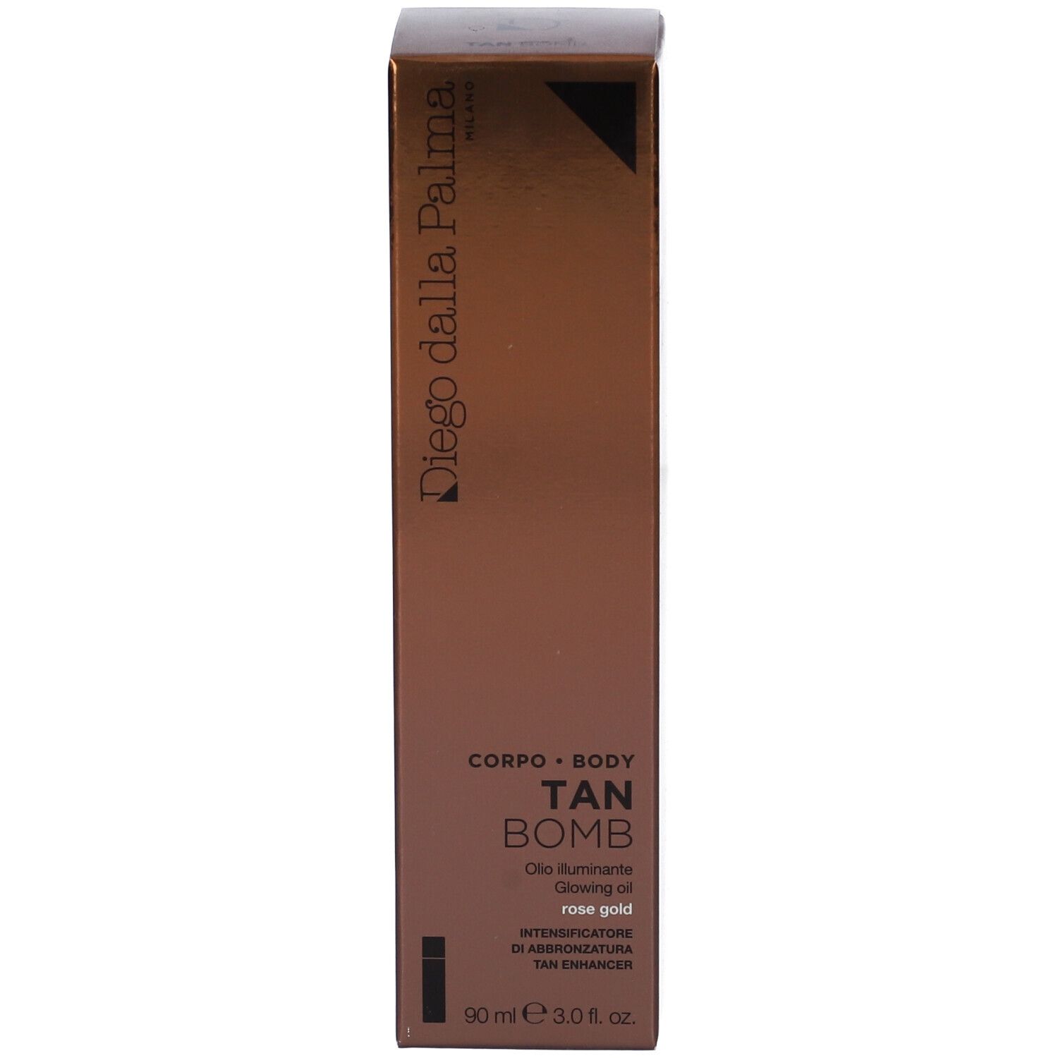 Confezione per olio abbronzante. Marca: Diego dalla Palma. Testo: Tan Bomb, Olio Illuminante. Scatola marrone.