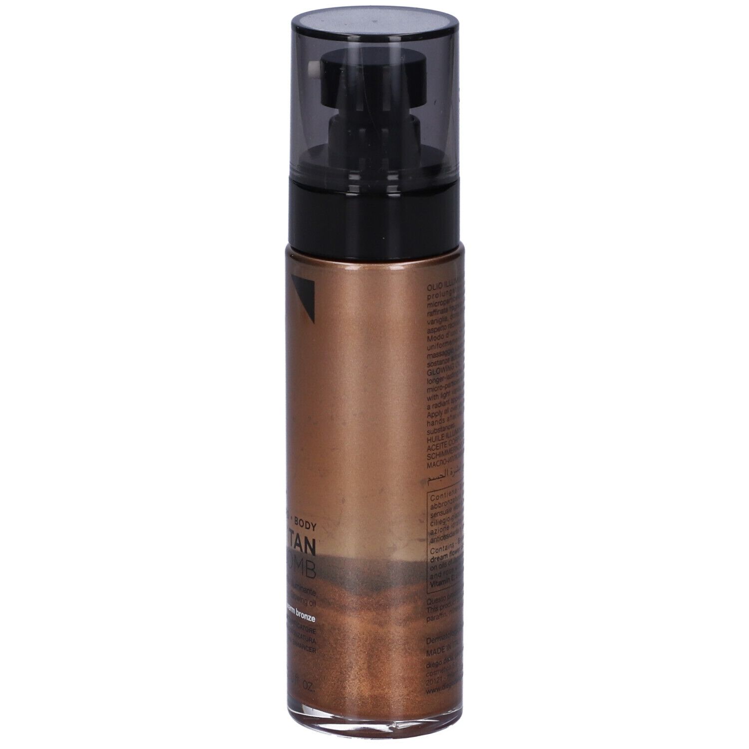 Flacone olio abbronzante. Liquido marrone scuro, erogatore nero. Testo: Tan Bomb, Warm Bronze. Marchio: Diego Dalla Palma.