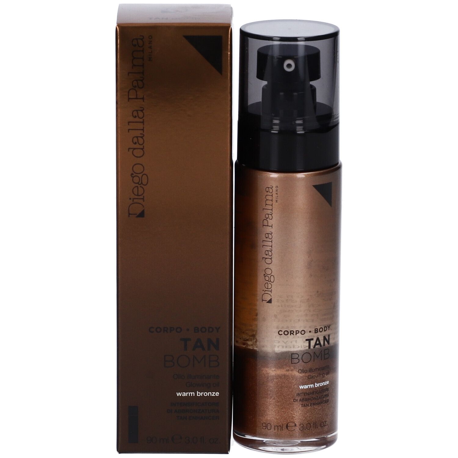 Flacone olio abbronzante e confezione. Liquido marrone scuro, erogatore nero. Testo: Tan Bomb, Warm Bronze. Marchio: Diego Dalla Palma.
