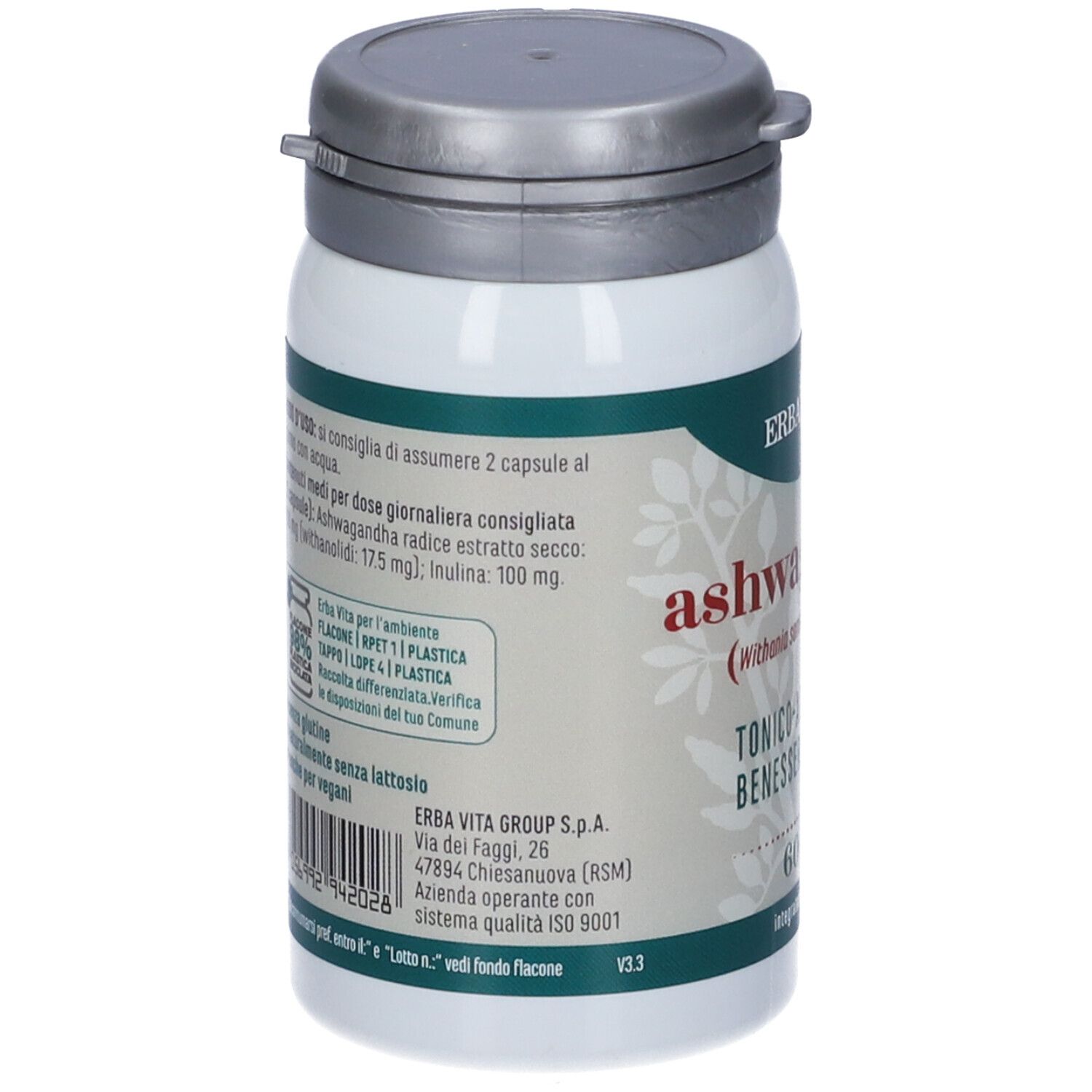 Retro del flacone bianco con tappo grigio. Testo: Ingredienti, modo d'uso, informazioni produttore, ISO 9001.