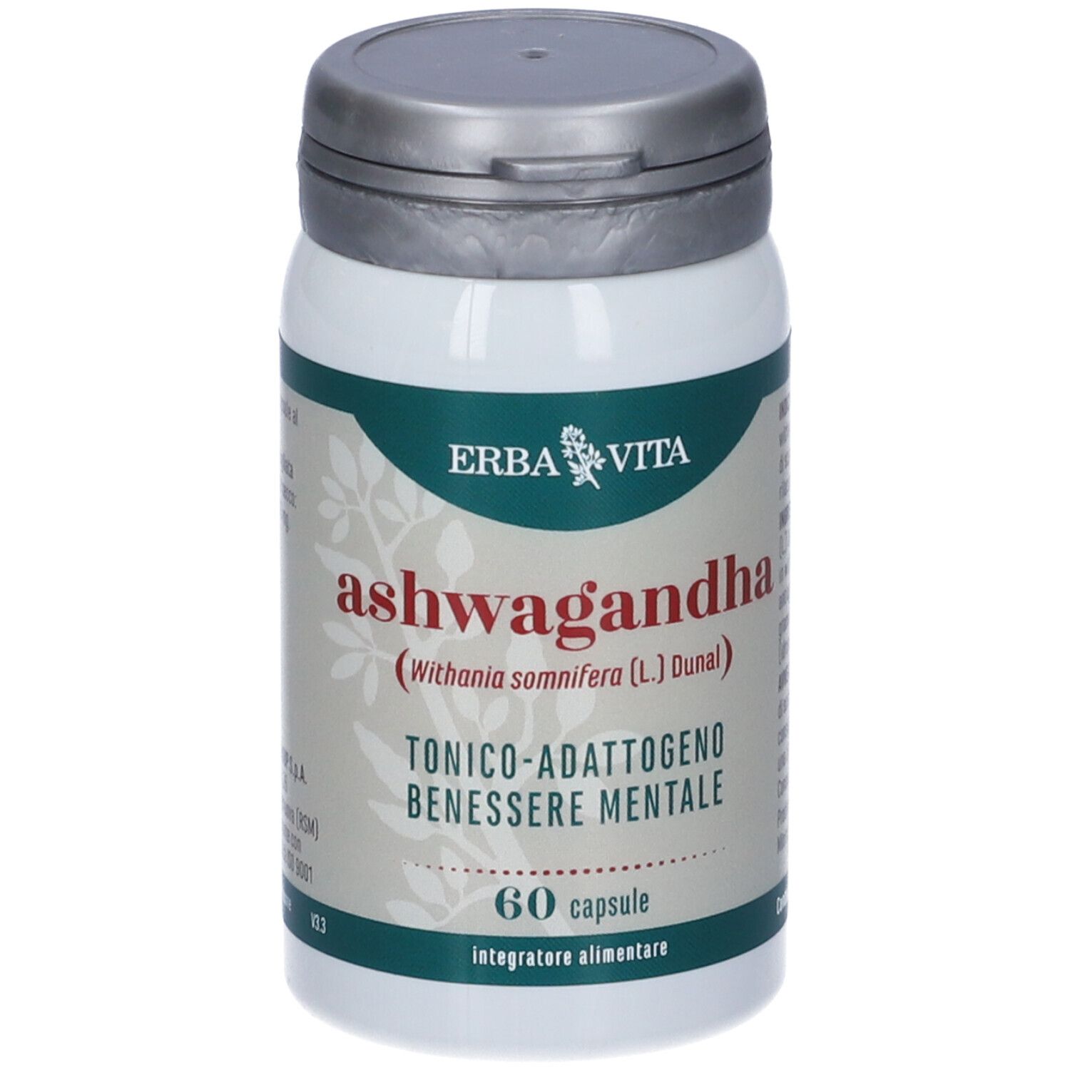 Flacone bianco con tappo grigio. Scritta: Erba Vita Ashwagandha, 60 capsule. Tonico-Adattogeno, Benessere Mentale.