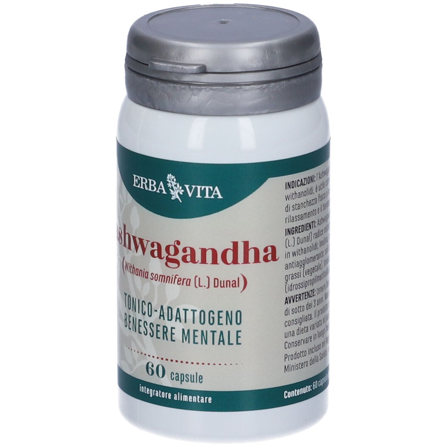 Flacone bianco con tappo grigio. Scritta: Erba Vita Ashwagandha, 60 capsule. Tonico-Adattogeno, Benessere Mentale.