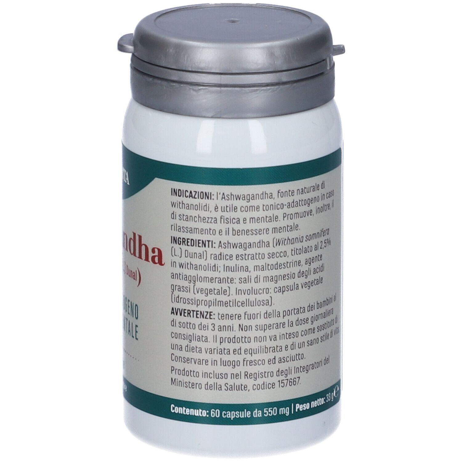 Retro del flacone bianco con tappo grigio. Testo: Ingredienti, avvertenze, 60 capsule, 550 mg.
