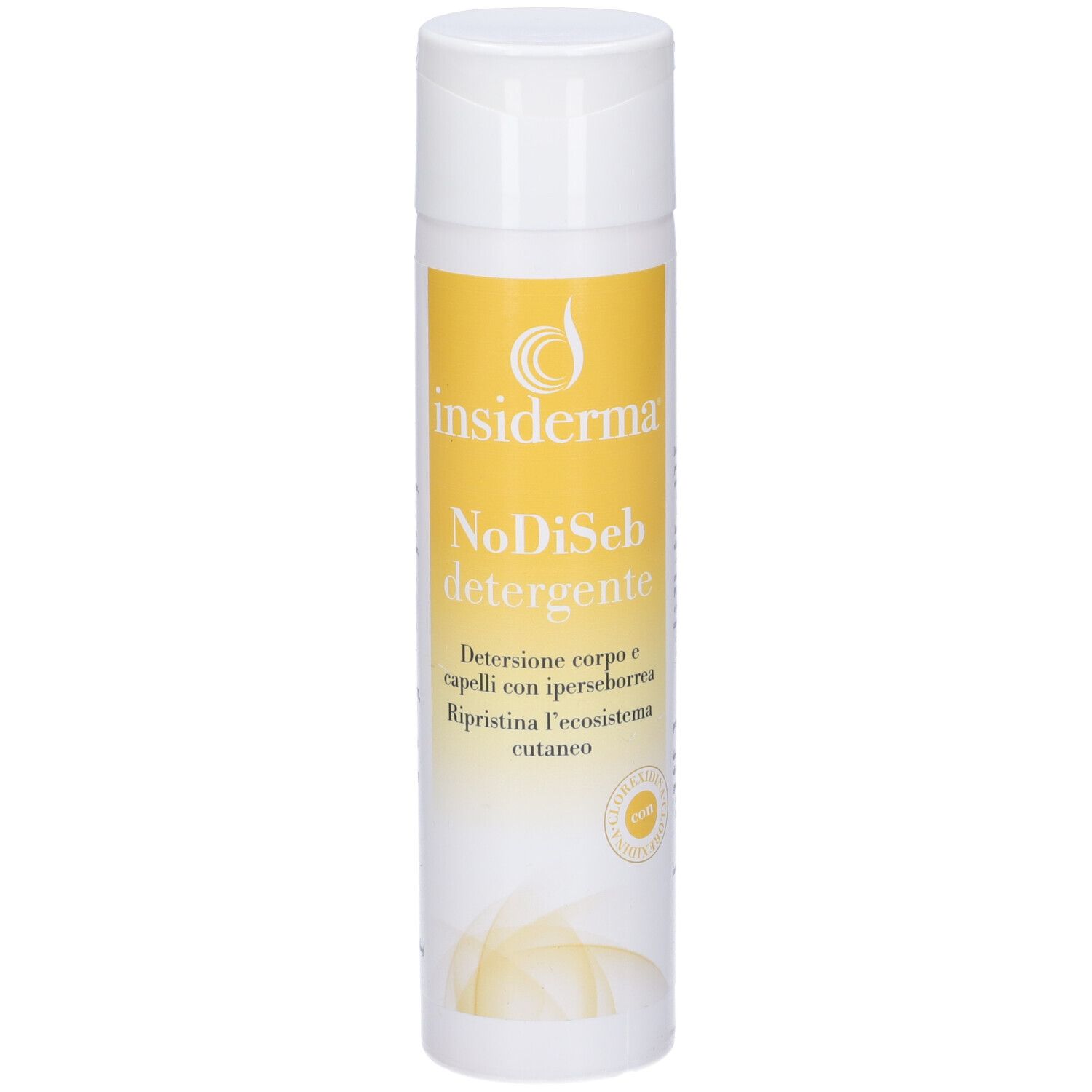 Flacone bianco e giallo. Scritta: Insiderma, NoDiSeb Detergente. Per corpo e capelli con seborrea.