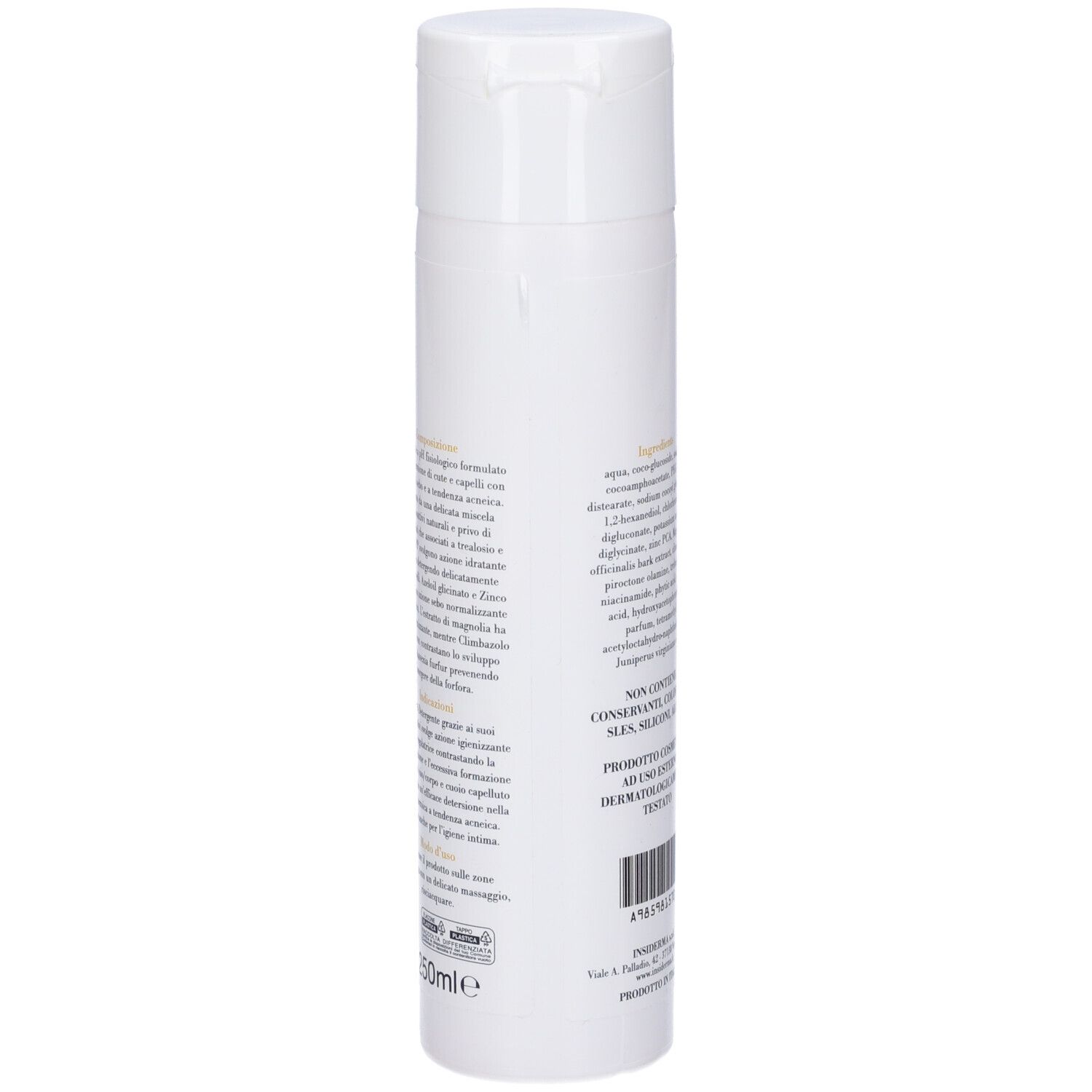 Flacone bianco con etichetta gialla. Scritta: Ingredienti. Testo in italiano.