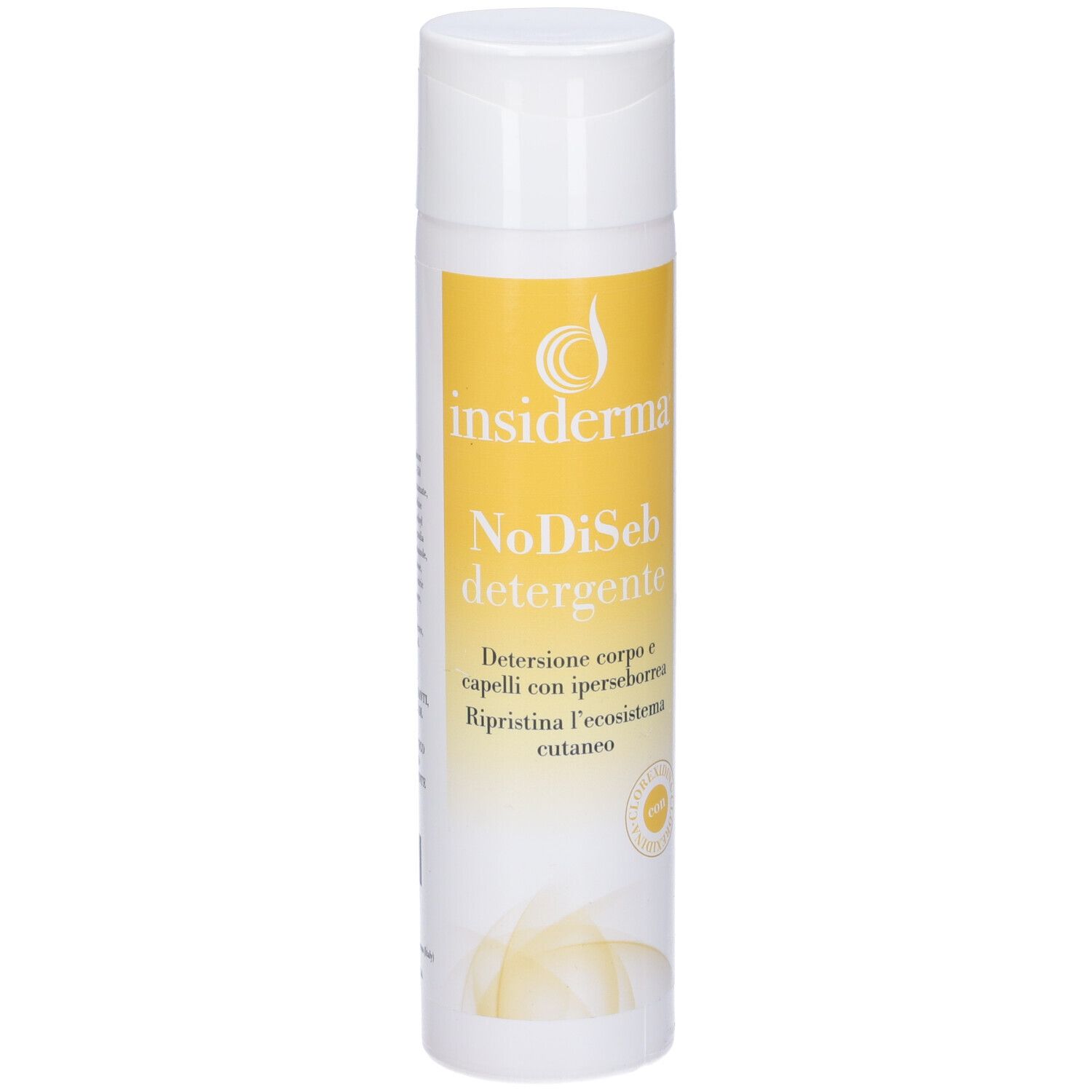 Flacone bianco e giallo. Scritta: Insiderma, NoDiSeb Detergente. Per corpo e capelli con seborrea.