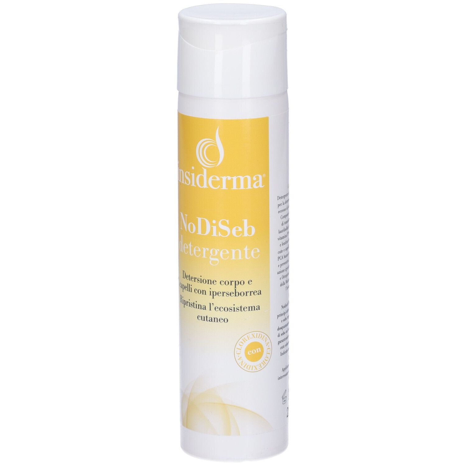 Flacone bianco e giallo. Scritta: Insiderma, NoDiSeb Detergente. Per corpo e capelli con seborrea.