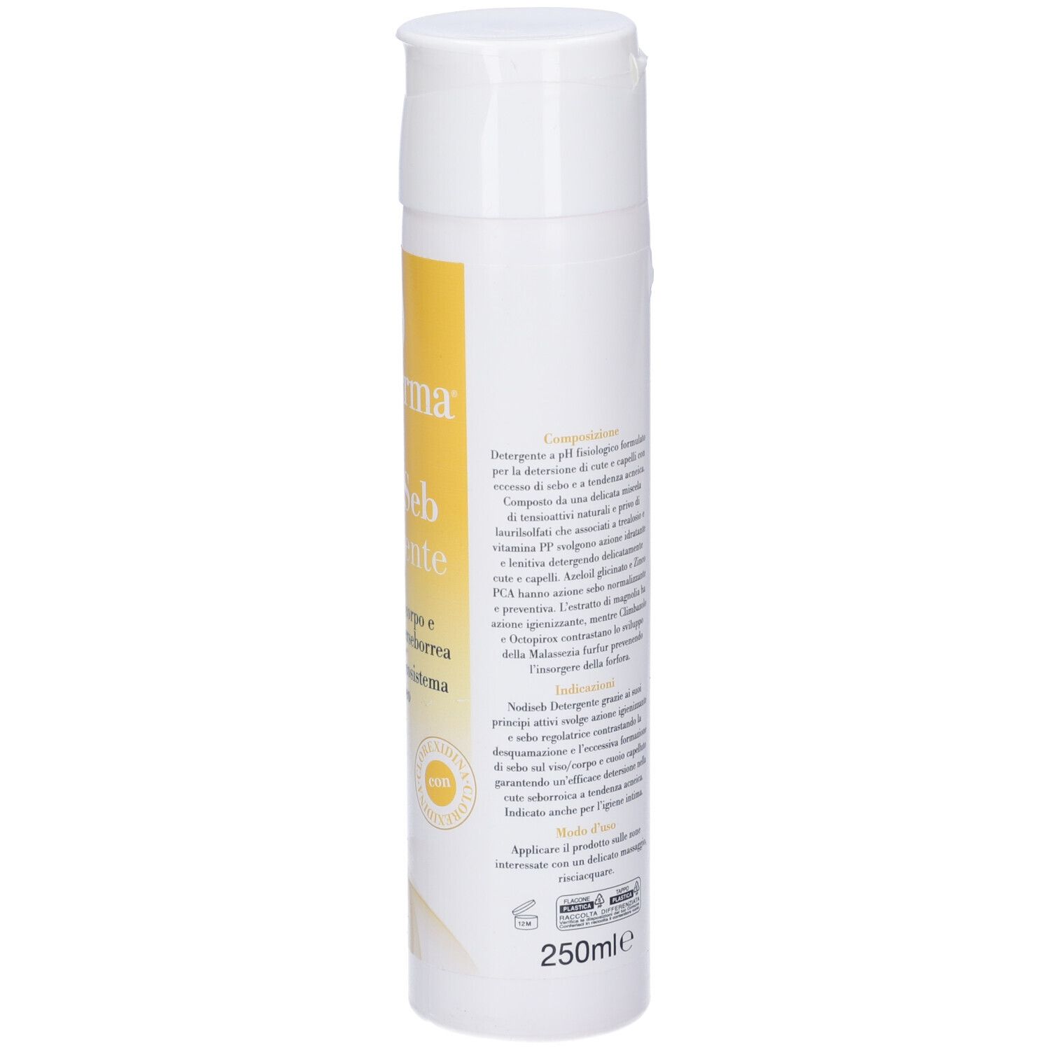 Flacone bianco con etichetta gialla. Scritta: Insiderma, NoDiSeb Detergente. 250ml.