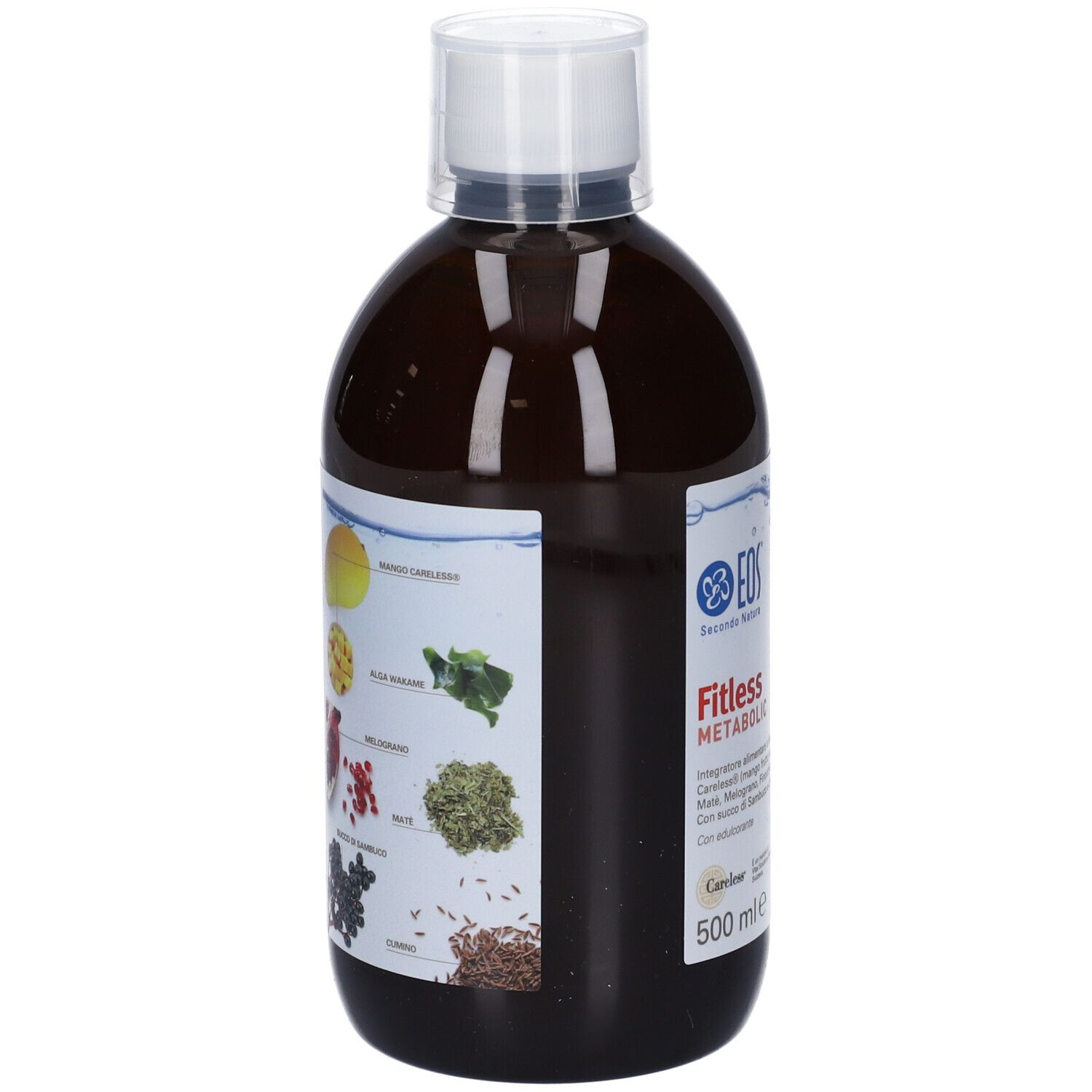 Bottiglia marrone con tappo bianco. Etichetta con informazioni sul prodotto e illustrazioni degli ingredienti.