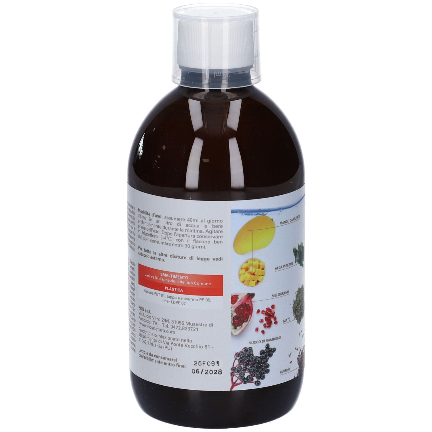 Bottiglia marrone con tappo bianco. Etichetta con informazioni sul prodotto, ingredienti e data di scadenza.