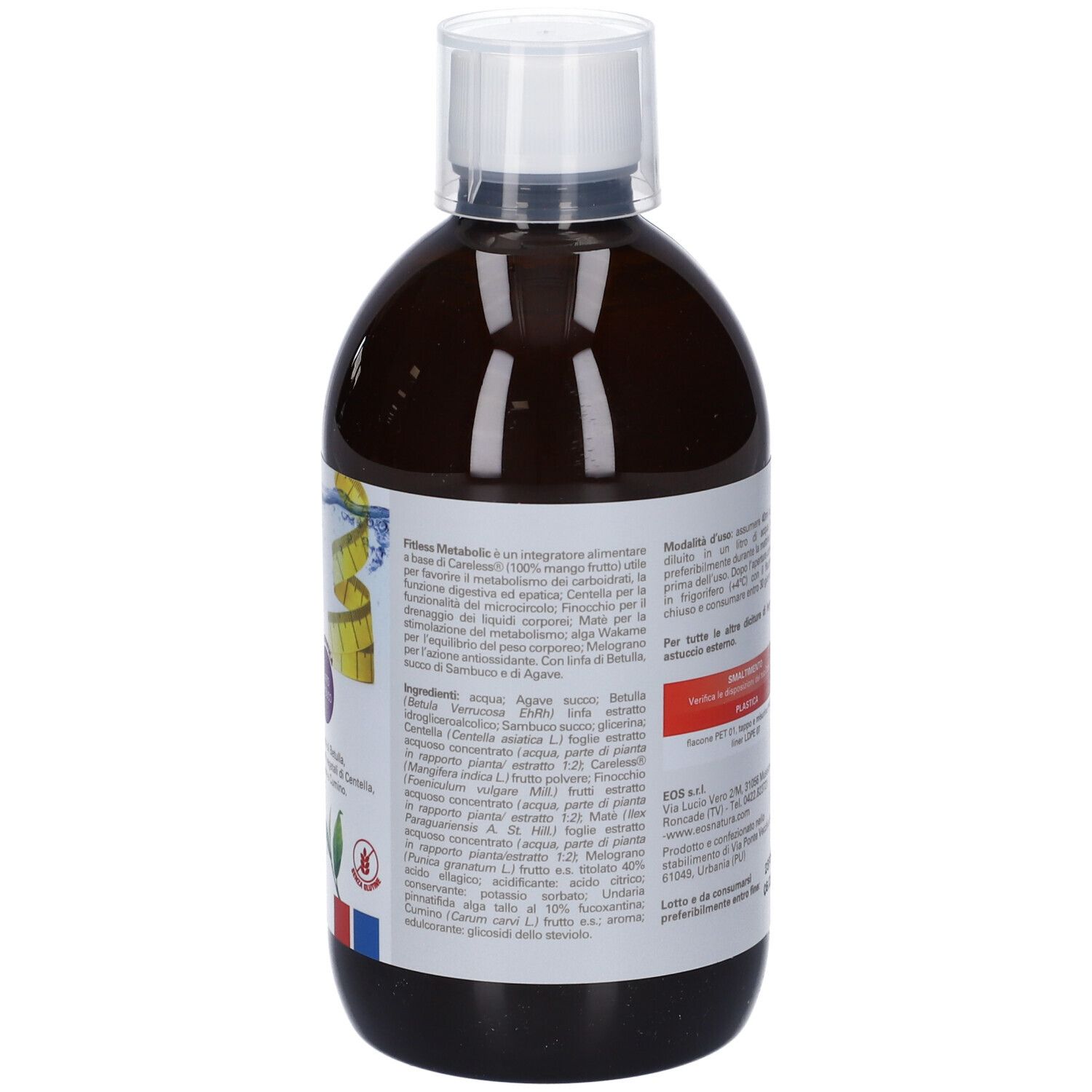 Bottiglia marrone con tappo bianco. Etichetta con informazioni sul prodotto, ingredienti e istruzioni per l'uso.