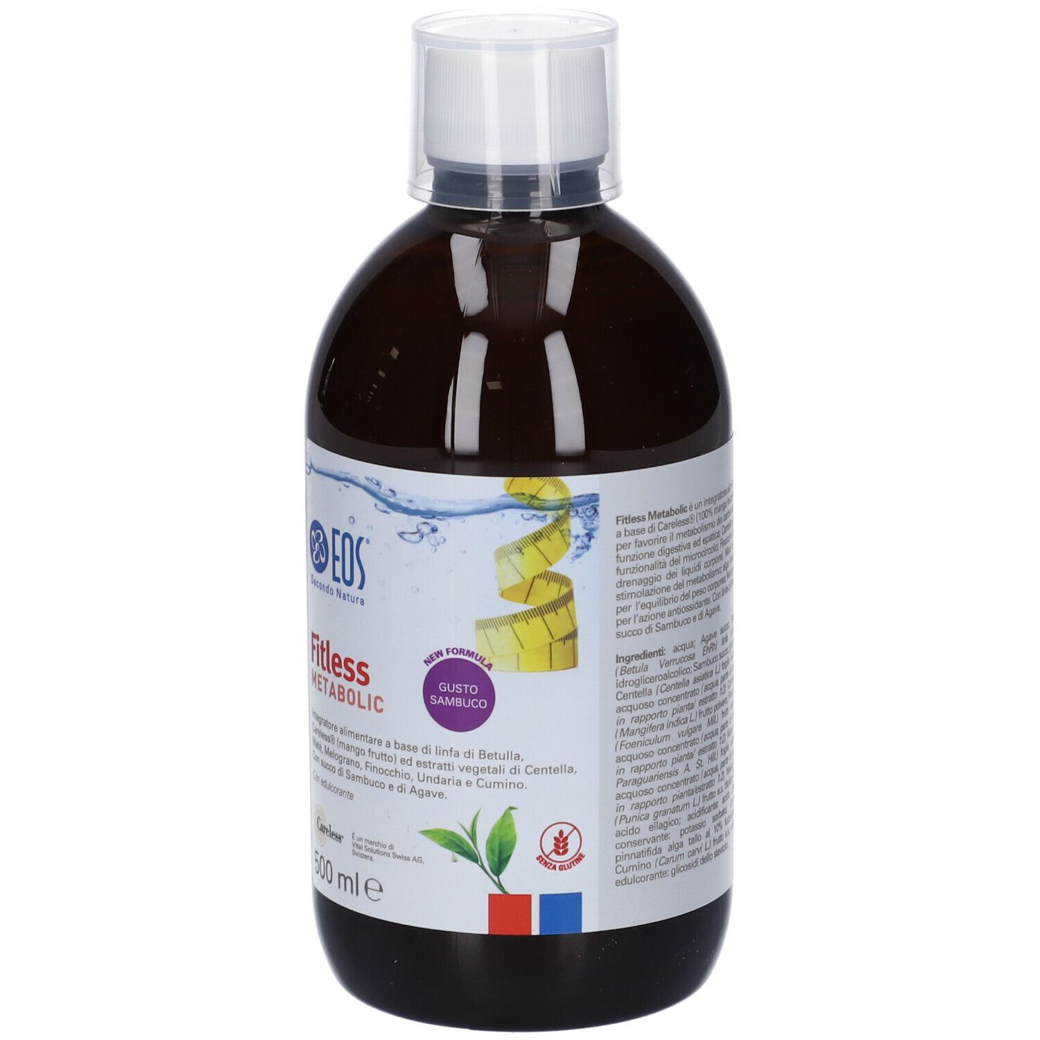 Bottiglia marrone con tappo bianco. Etichetta con nome prodotto Fitless Metabolic, marchio EOS. Gusto: Sambuco.