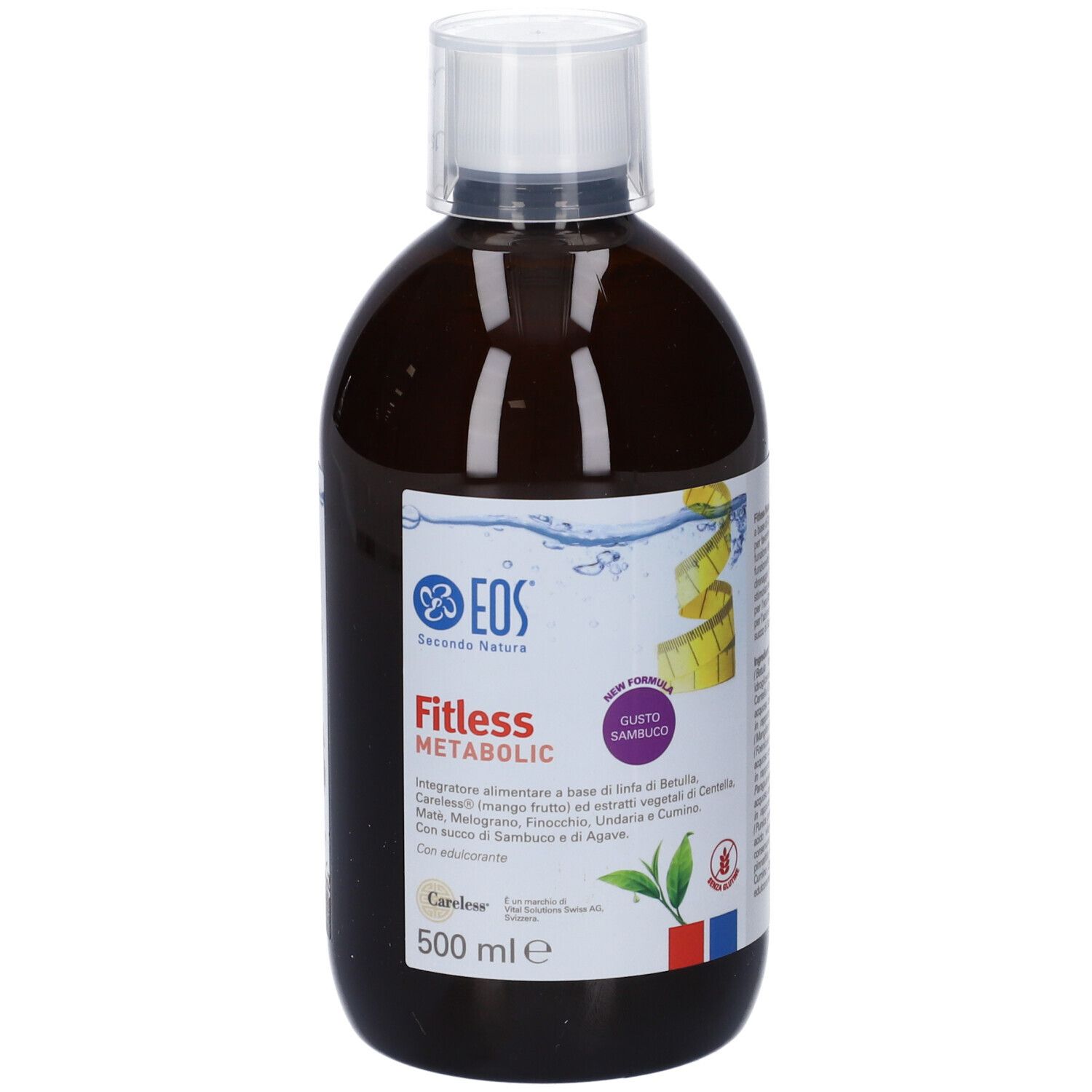 Bottiglia marrone con tappo bianco. Etichetta con nome prodotto Fitless Metabolic, marchio EOS. Volume: 500 ml.
