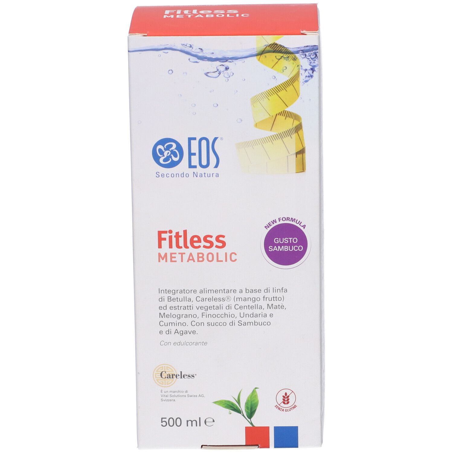 Scatola con nome prodotto Fitless Metabolic, marchio EOS. Volume: 500 ml. Contiene informazioni sul prodotto e logo.