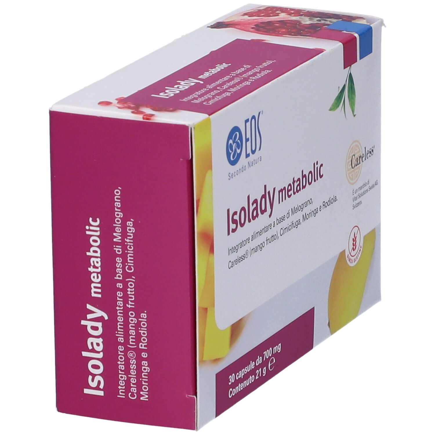 Confezione di Isolady metabolic in diagonale. Scritta: Careless, EOS Secondo Natura, 30 capsule.
