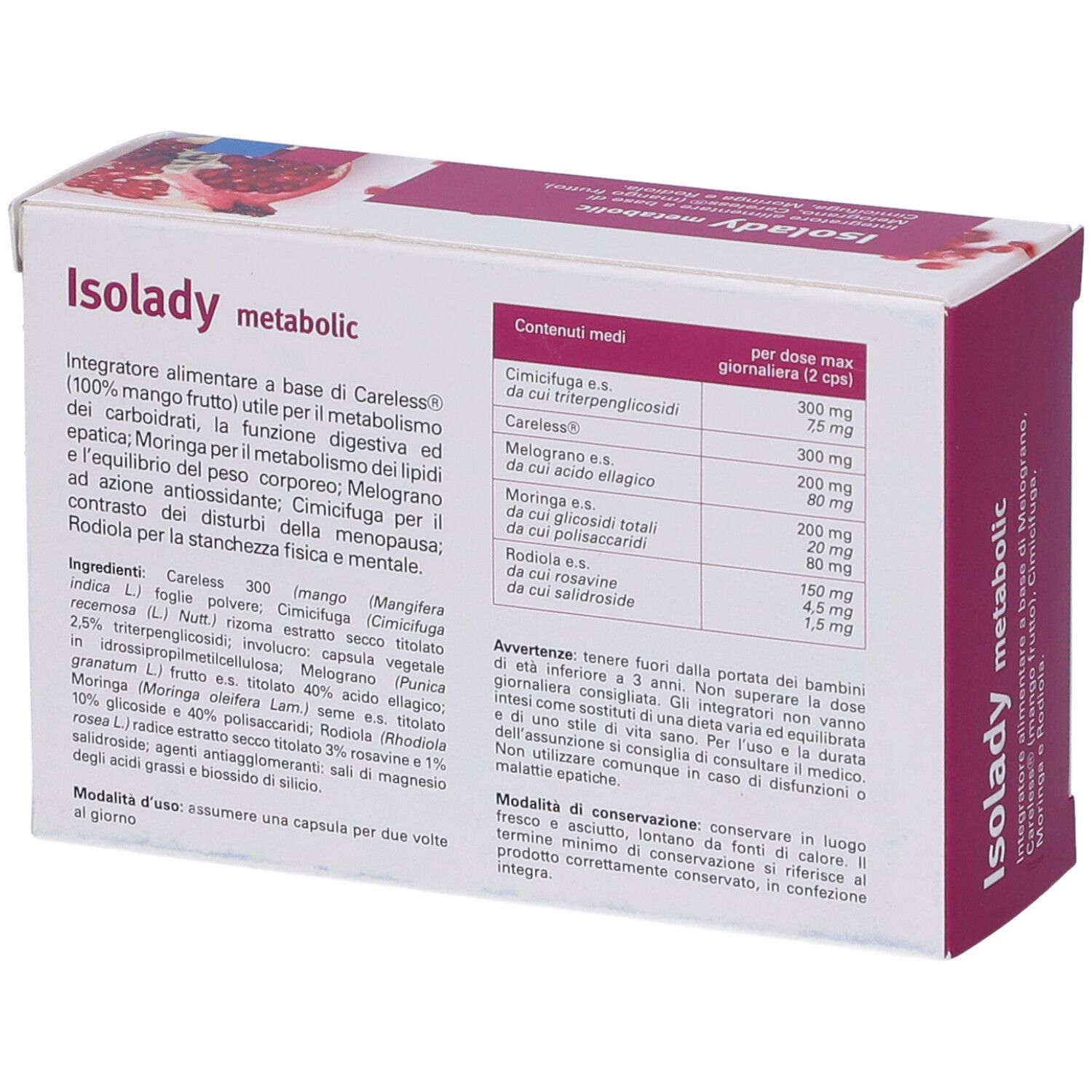 Retro della confezione di Isolady metabolic. Contiene l'elenco degli ingredienti e le istruzioni per l'uso.