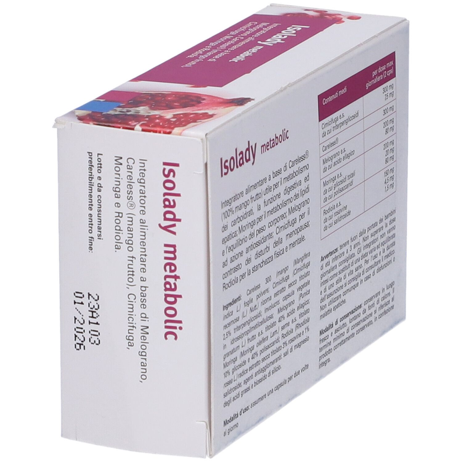 Retro della confezione di Isolady metabolic. Contiene l'elenco degli ingredienti e le istruzioni per l'uso.