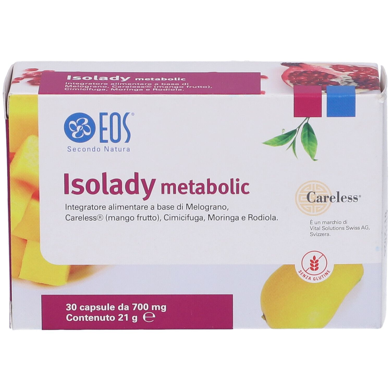Confezione di Isolady metabolic. Contiene 30 capsule. Scritta: Careless, EOS Secondo Natura, senza glutine.