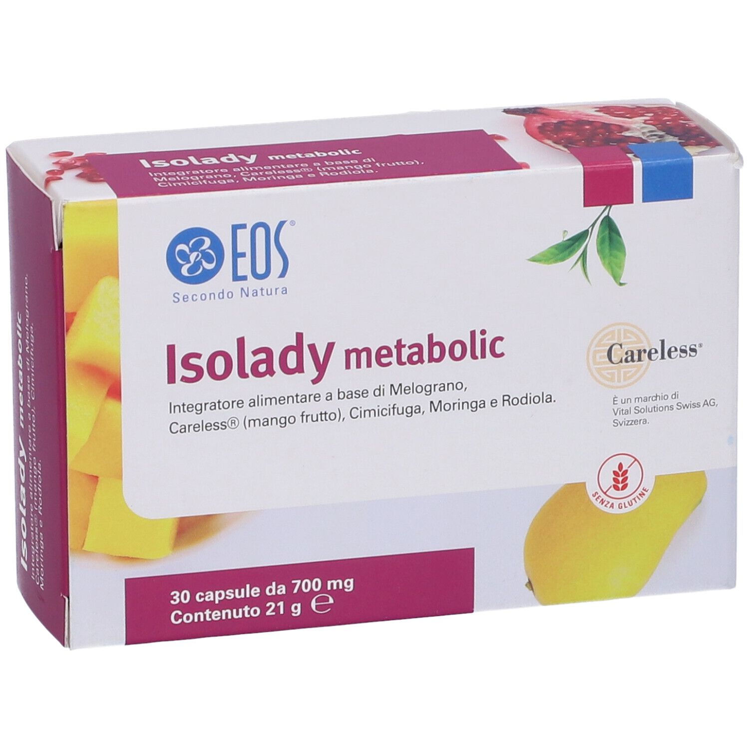 Confezione di Isolady metabolic. Contiene 30 capsule. Scritta: Careless, EOS Secondo Natura, senza glutine.